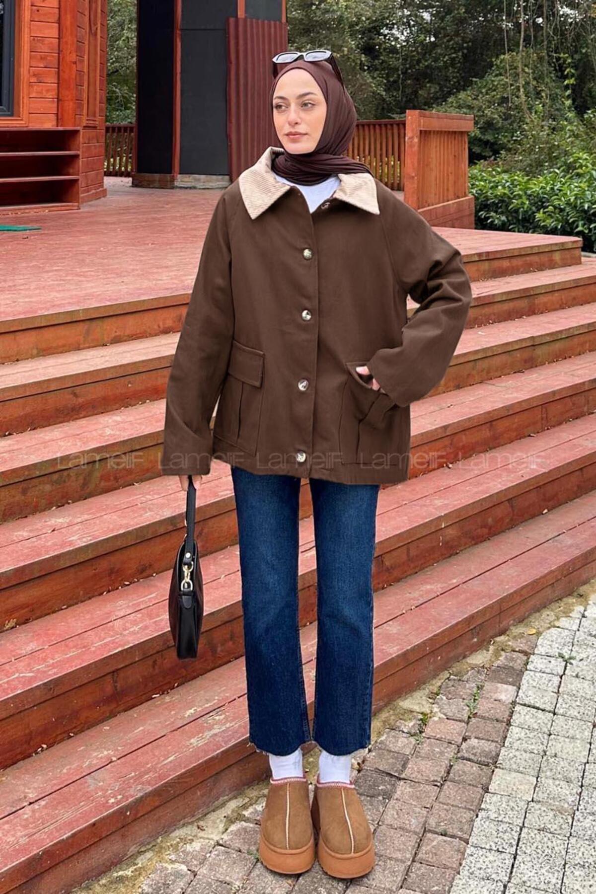 Lamelif  Yaka Detaylı Düğmeli Gabardin Ceket Koyu Kahve