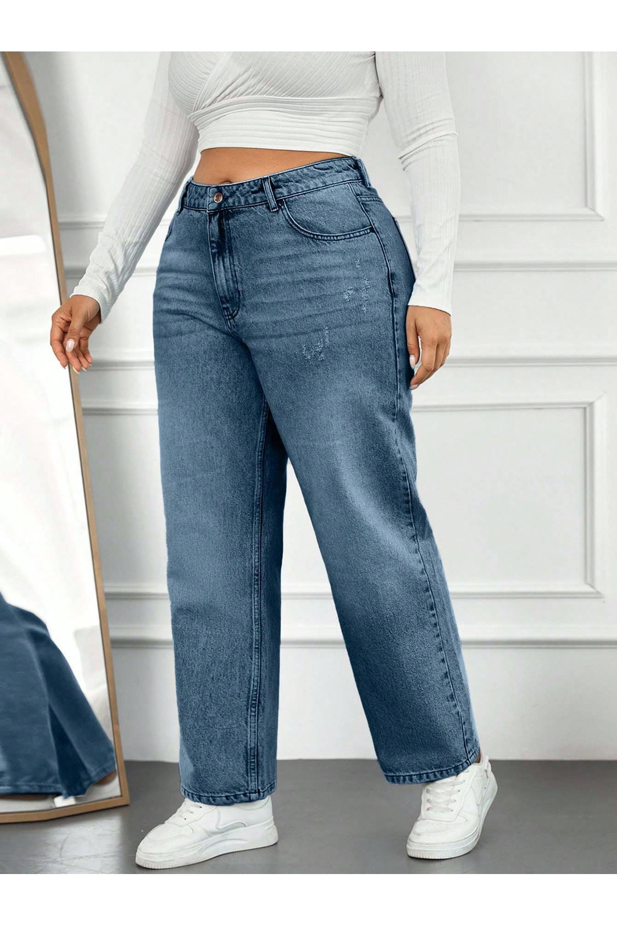 connemara Kadın Yüksek Bel Mom Fit Mavi Kot Pantolon Battal görsel 2