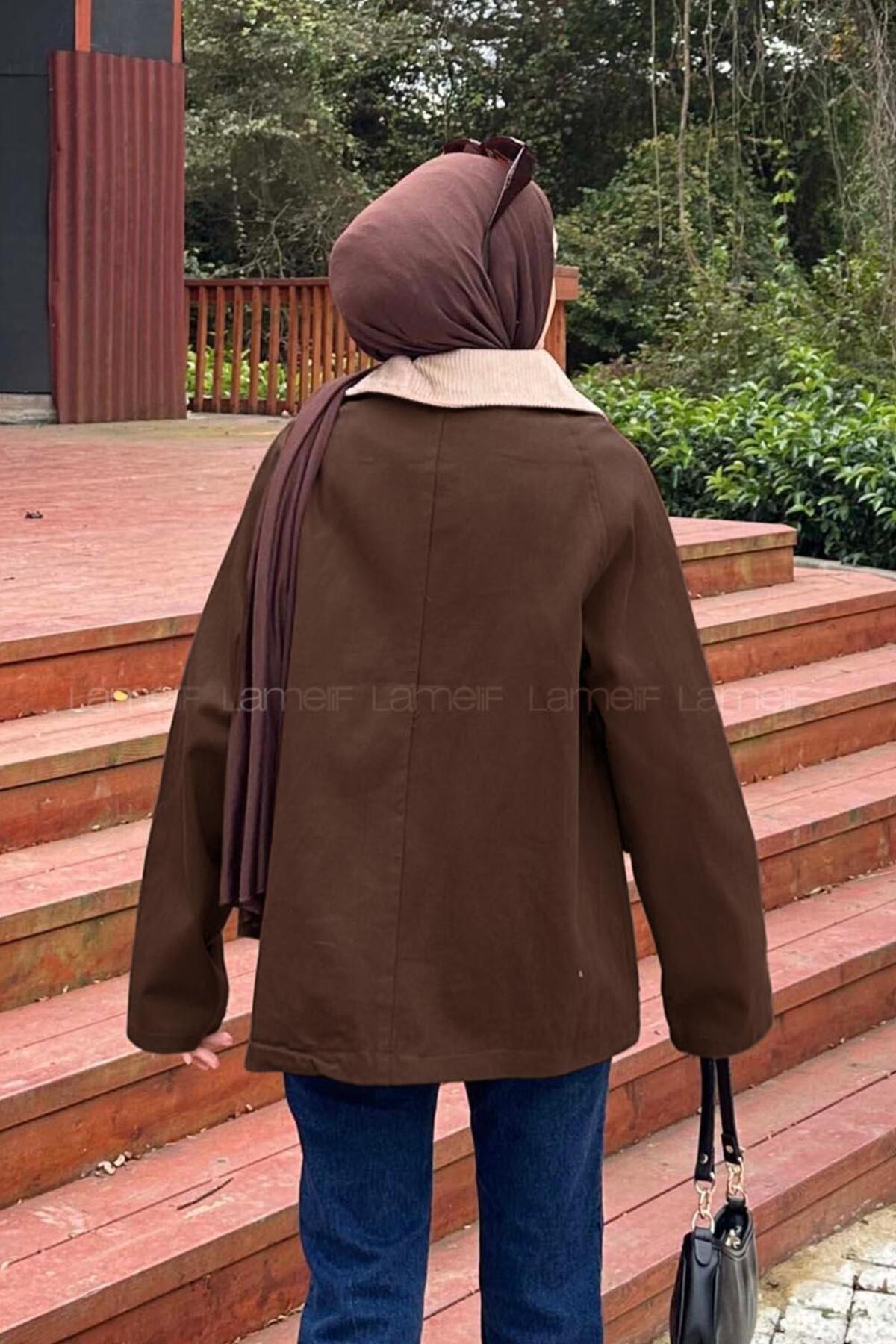 Lamelif  Yaka Detaylı Düğmeli Gabardin Ceket Koyu Kahve - Görsel 4
