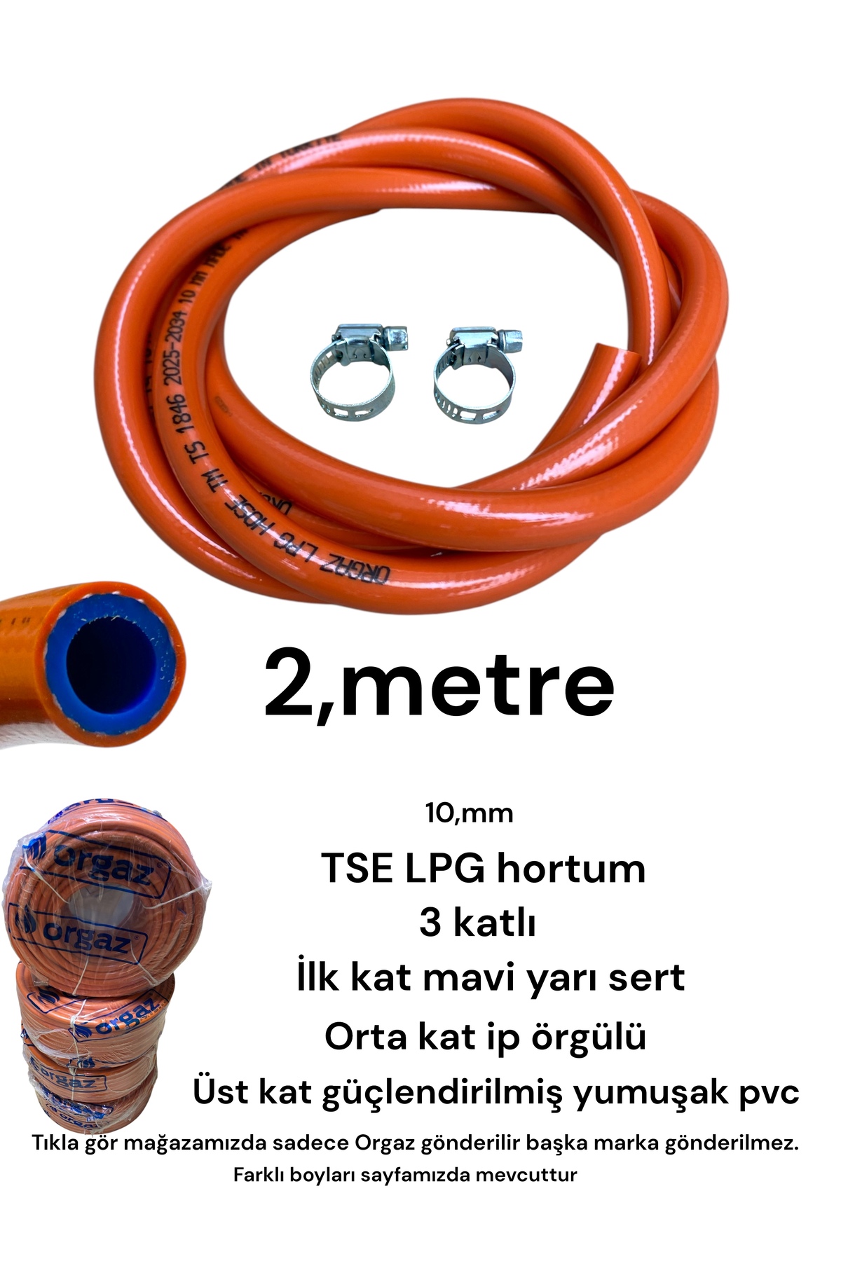 Tube hose 2 meter 2 clamp AYGAZ MİLANGAZ ipragaz tse lpg tube gas hose suitable for every brand