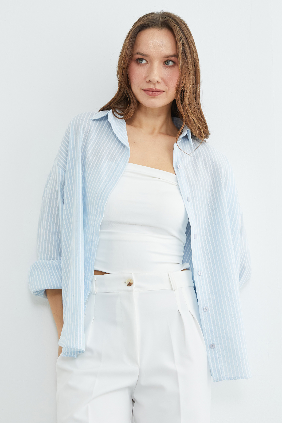 Fullamoda  Çizgili Arkası Uzun Oversize Gömlek - Görsel 4