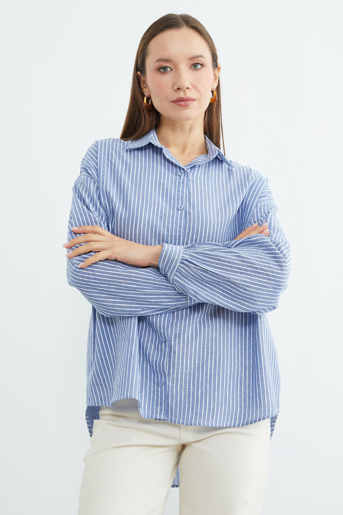 Fullamoda  Çizgili Arkası Uzun Oversize Gömlek - Görsel 6