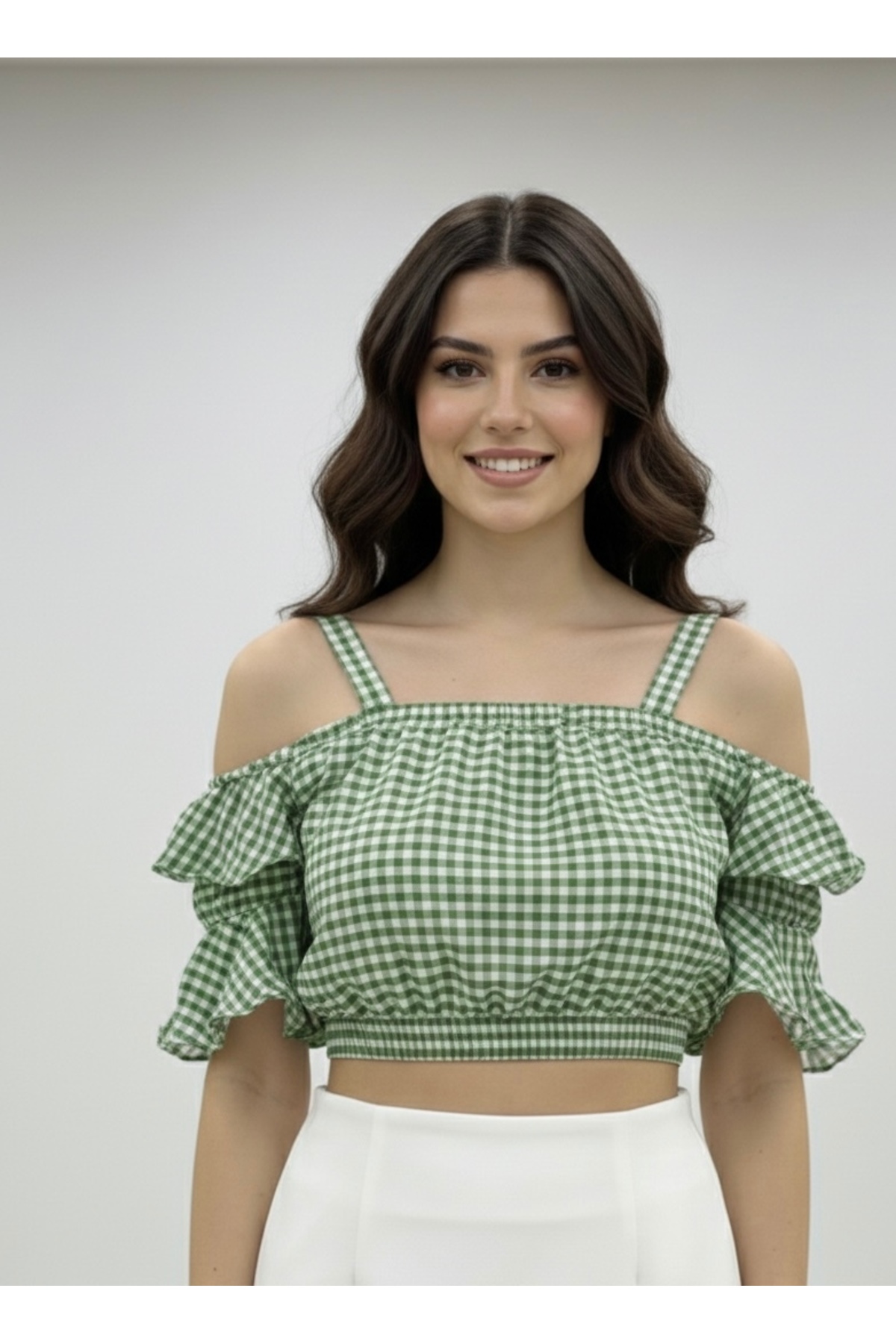 Polologin Butik Yeşil Pötikare Desenli Fırfırlı Crop Bluz görsel 2