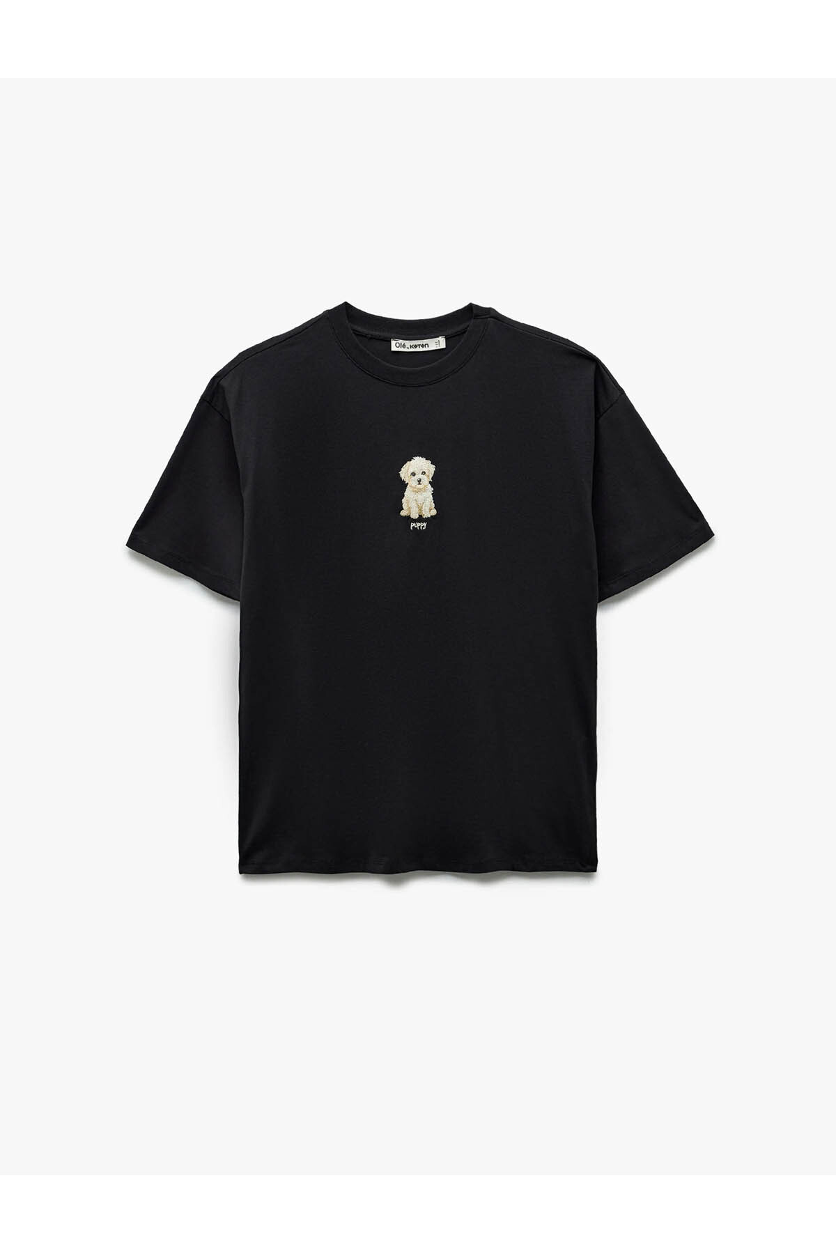 Dog Embroidery Cotton Oversize Anthracite Women's T-Shirt 6SAL10049IK