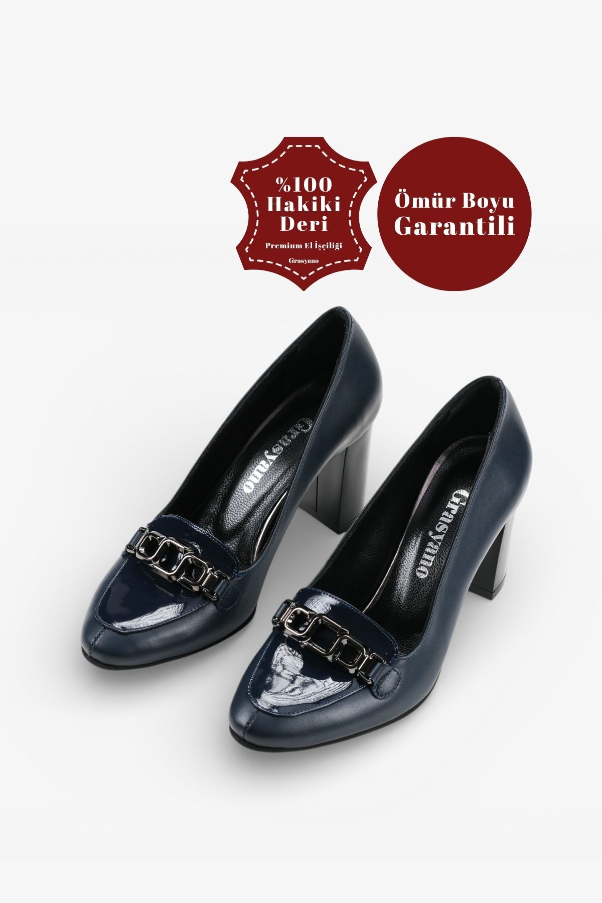 Genuine Leather Heels Navy Blue College Elegant Soft Leather Comfortable 7.5cm Thick Classic Heels
