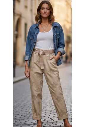 İTALYAN AS&SA BEJ YILDIZ NAKIŞ İŞLEMELİ KEMER DETAYLI GABARDİN PANTOLON
