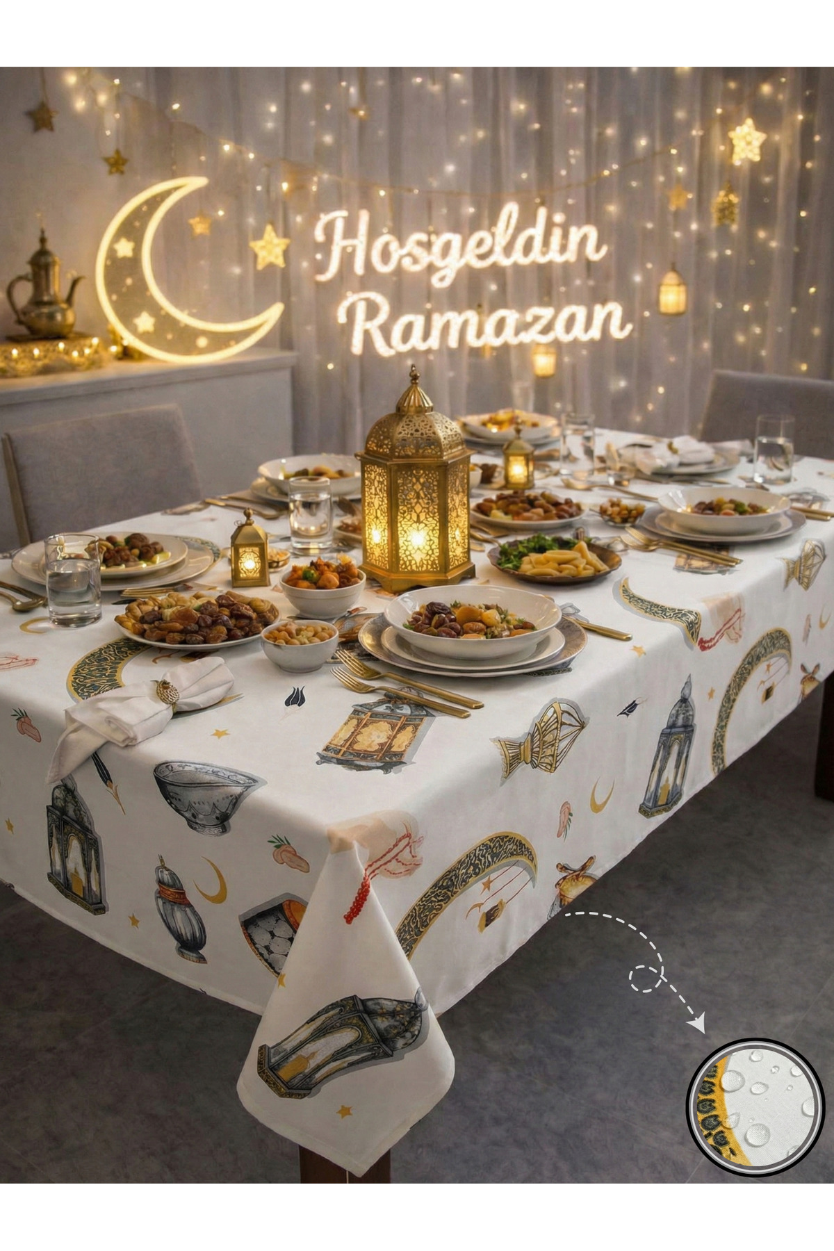 Liquid Proof Ramadan Tablecloth – Tablecloth with Stainproof, Wipeable and Washable Pattern
