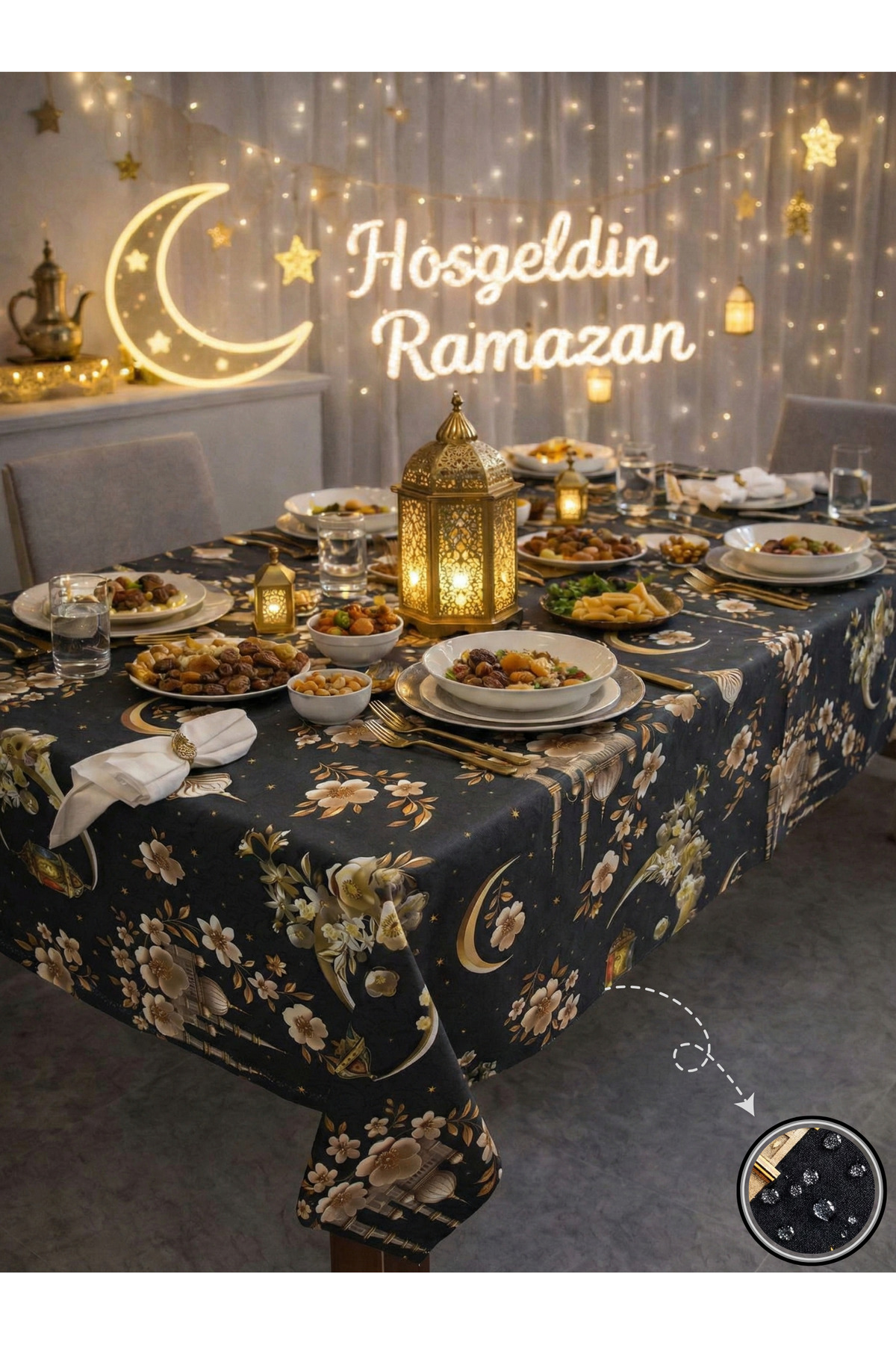 Liquid Proof Ramadan Tablecloth – Tablecloth with Stainproof, Wipeable and Washable Pattern