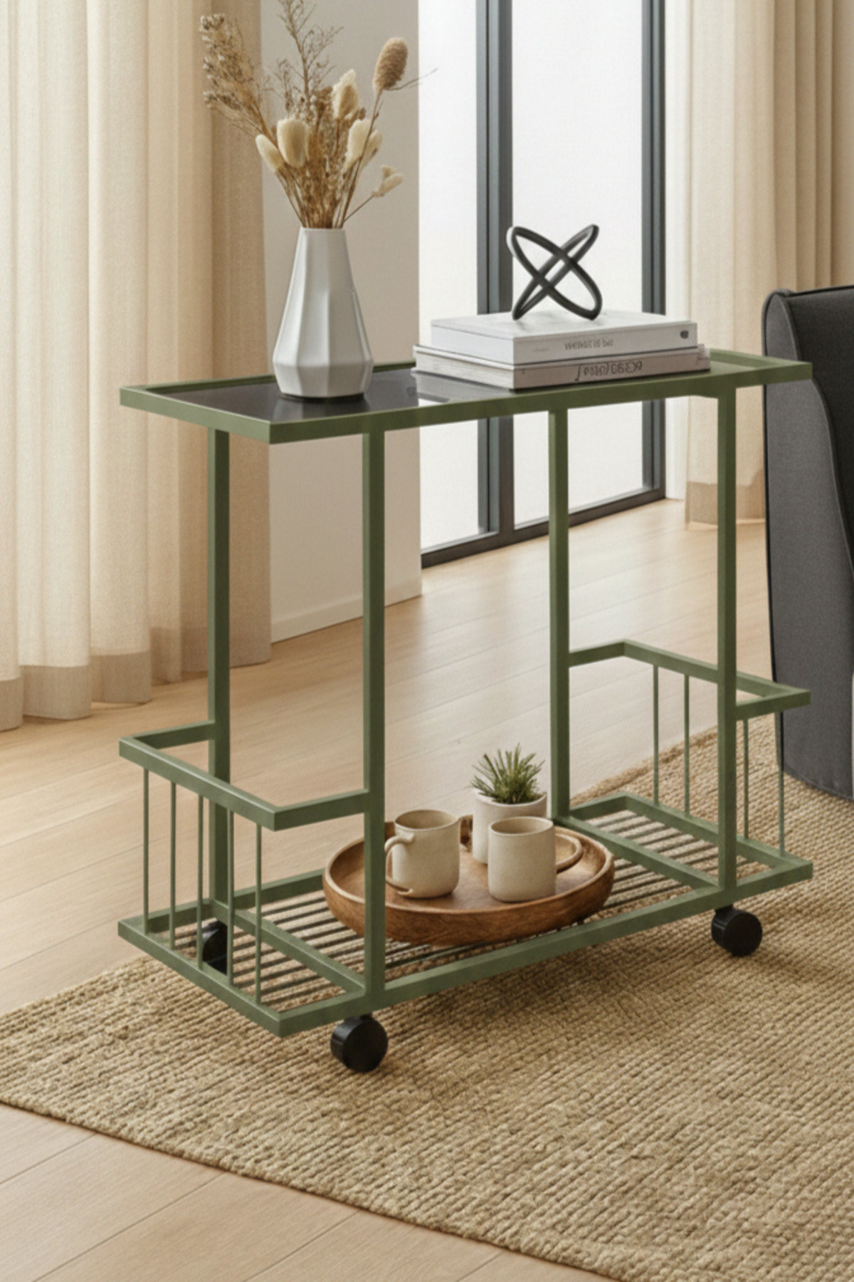 Fuji Side Table - Serving Table with Roller Mint Green Smoked Glass