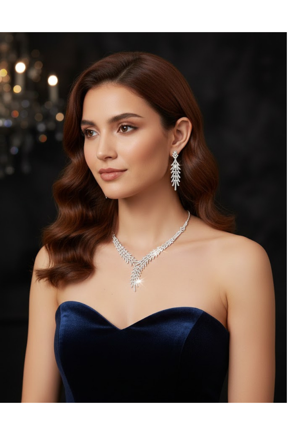 Sarkıt Buz Model Zirkon Taşlı Gümüş Kaplama Takı Seti Kolye ve Küpe Nişan Düğün Kına Davet