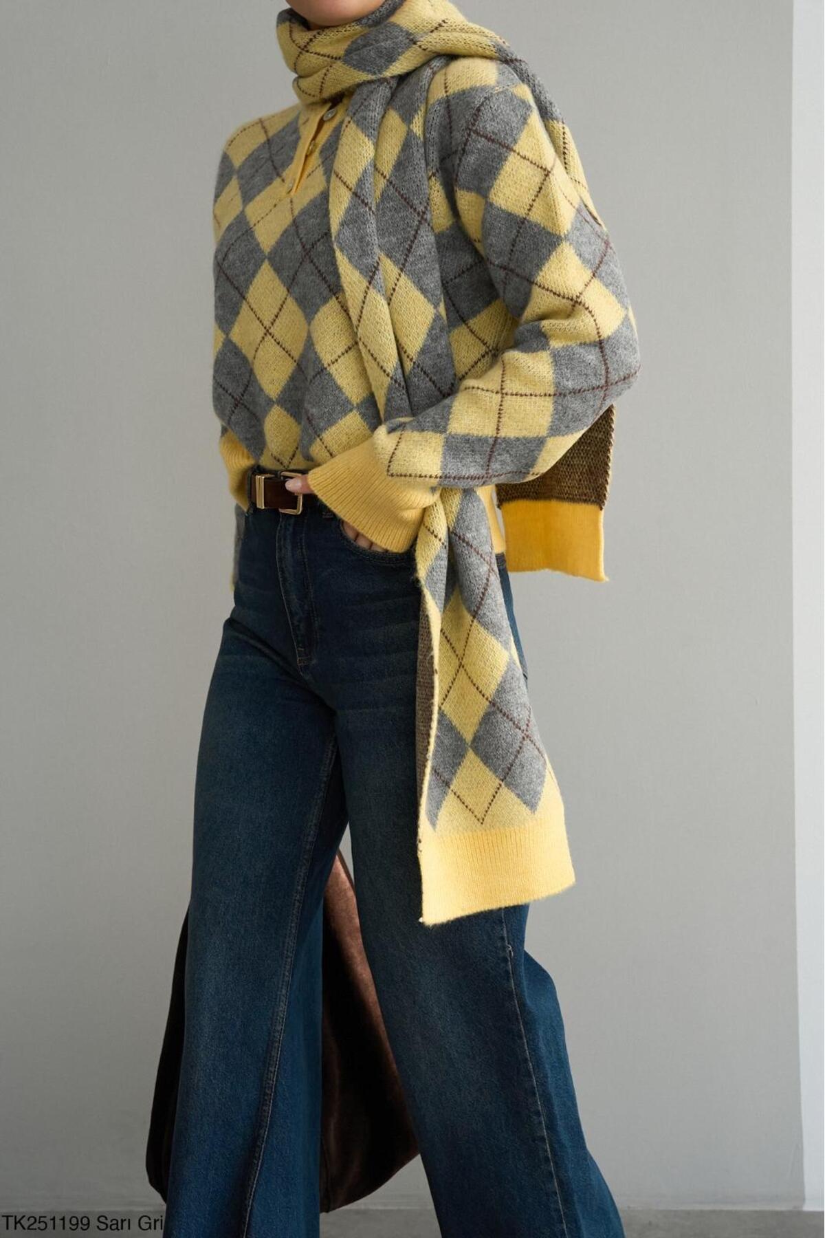 Polo Neck Alya Diamond Pattern Premium Soft Shawl Sweater Set