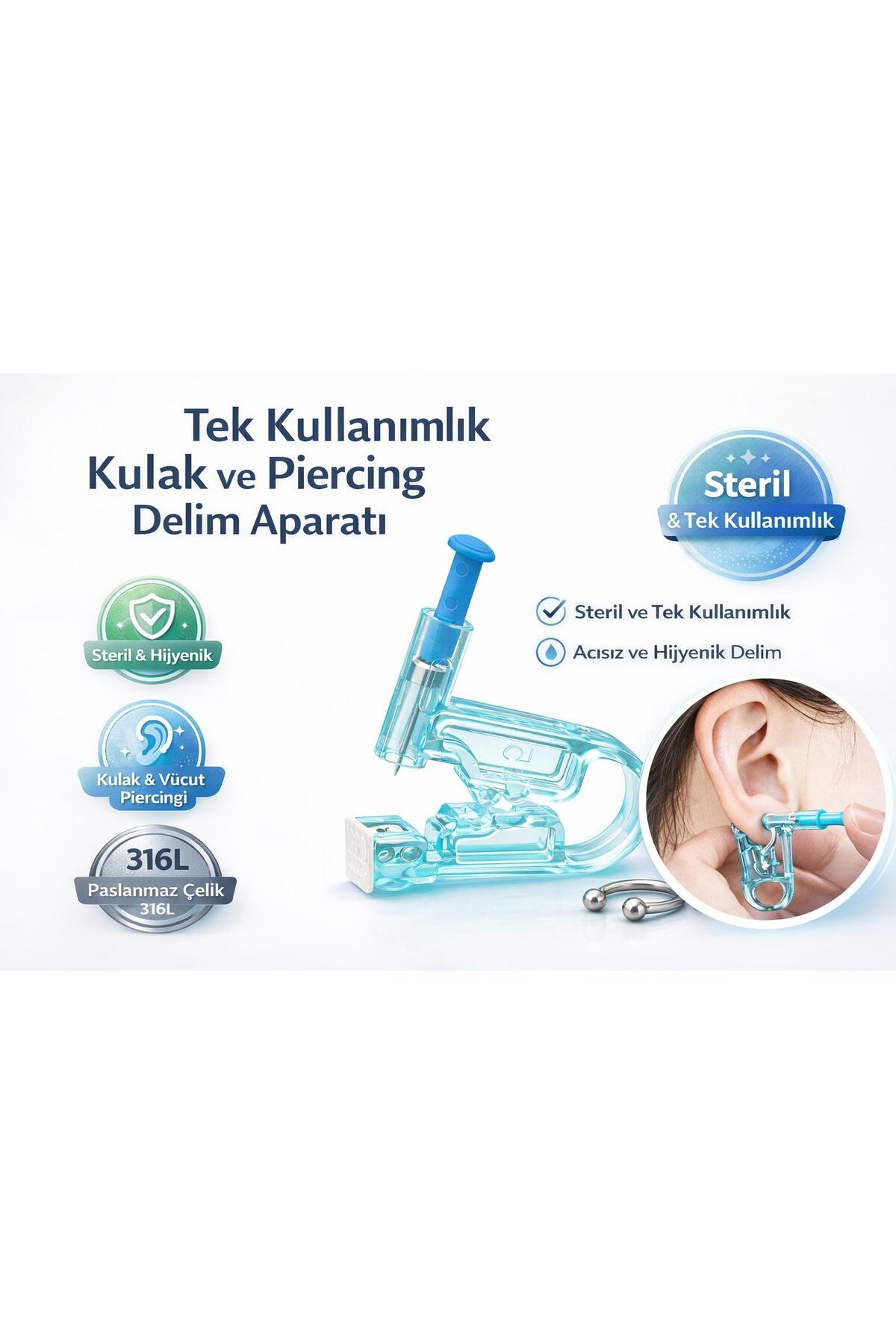 DISPOSABLE EAR AND PİERCİNG PERFORATION APPARATUS EAR AND BODY PIERCING STAINLESS STEEL 316L