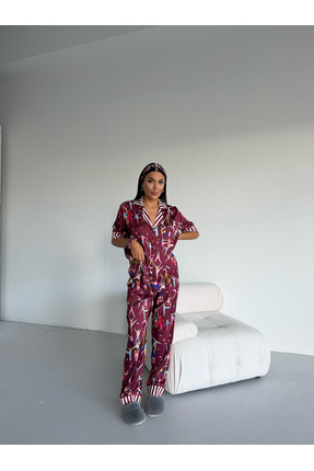 Muah Dance of Life Kadın Saten Pijama Takımı İnsan Figürlü Kısa Kollu Bordo