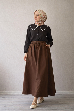 BLUEPERYY Etek Ucu Gipe Detaylı Poplin Etek