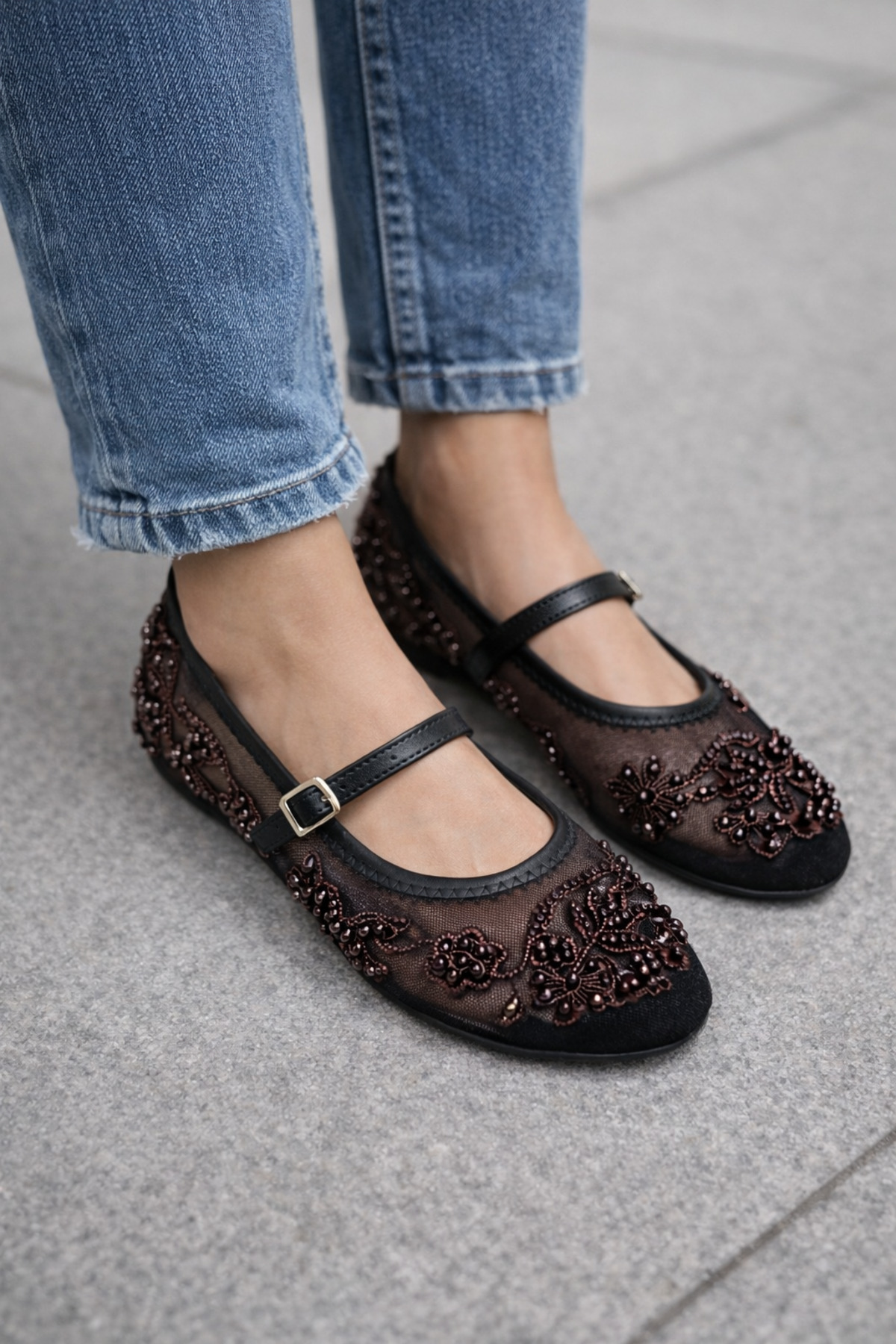 MOON CLOUD  BONCUK VE TAŞ İŞLEMELİ NAKIŞLI - TÜL DETAYLI BABET GÜNLÜK- WEDDİNG-DAVET-ÖZEL GÜN BABET ZYN 129 - Görsel 3