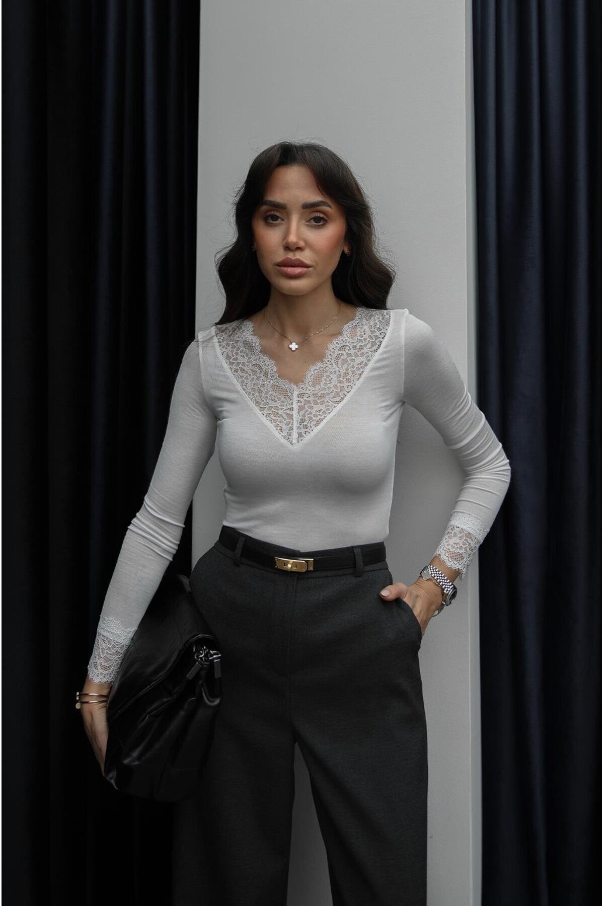 Havoş Ecru kragna Čipka paket Sa kašmir mešavinom bluza