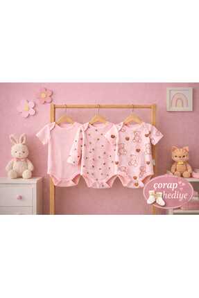 MERİWA Kız Bebek Body Zıbın Çıtçıtlı Atlet 3'Lü %100 Pamuk