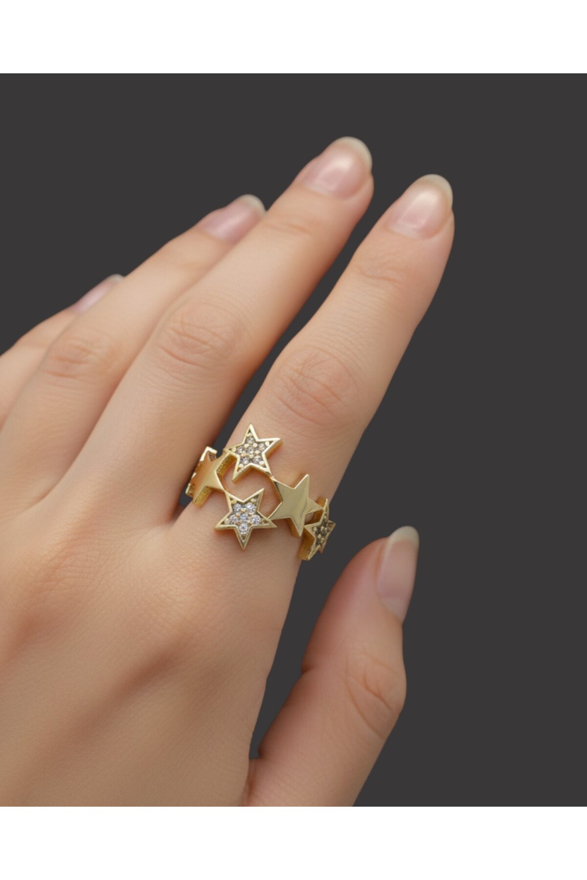 Gold Zircon Stone Detailed Multi Star Model Steel Ring