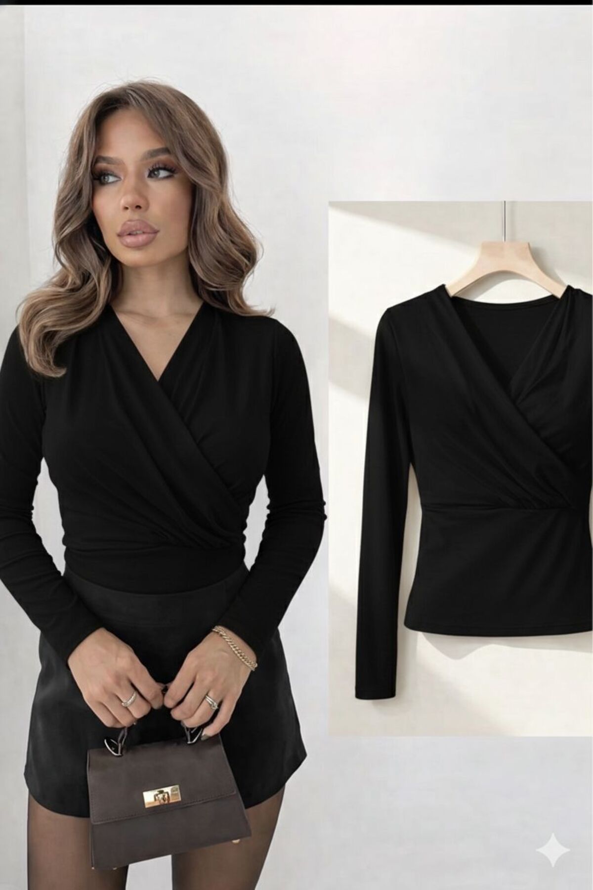 peri tower  YENİ ÜRÜN Kadın Kruvaze V Yaka Sandy Uzun Kollu Şık Bluz 11