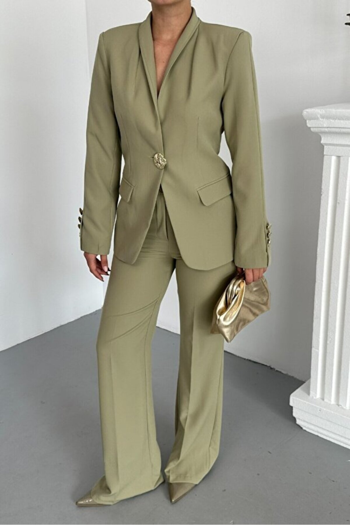 Women's Blazer Suit Set Khaki Buttoned Workwear - Görsel 4