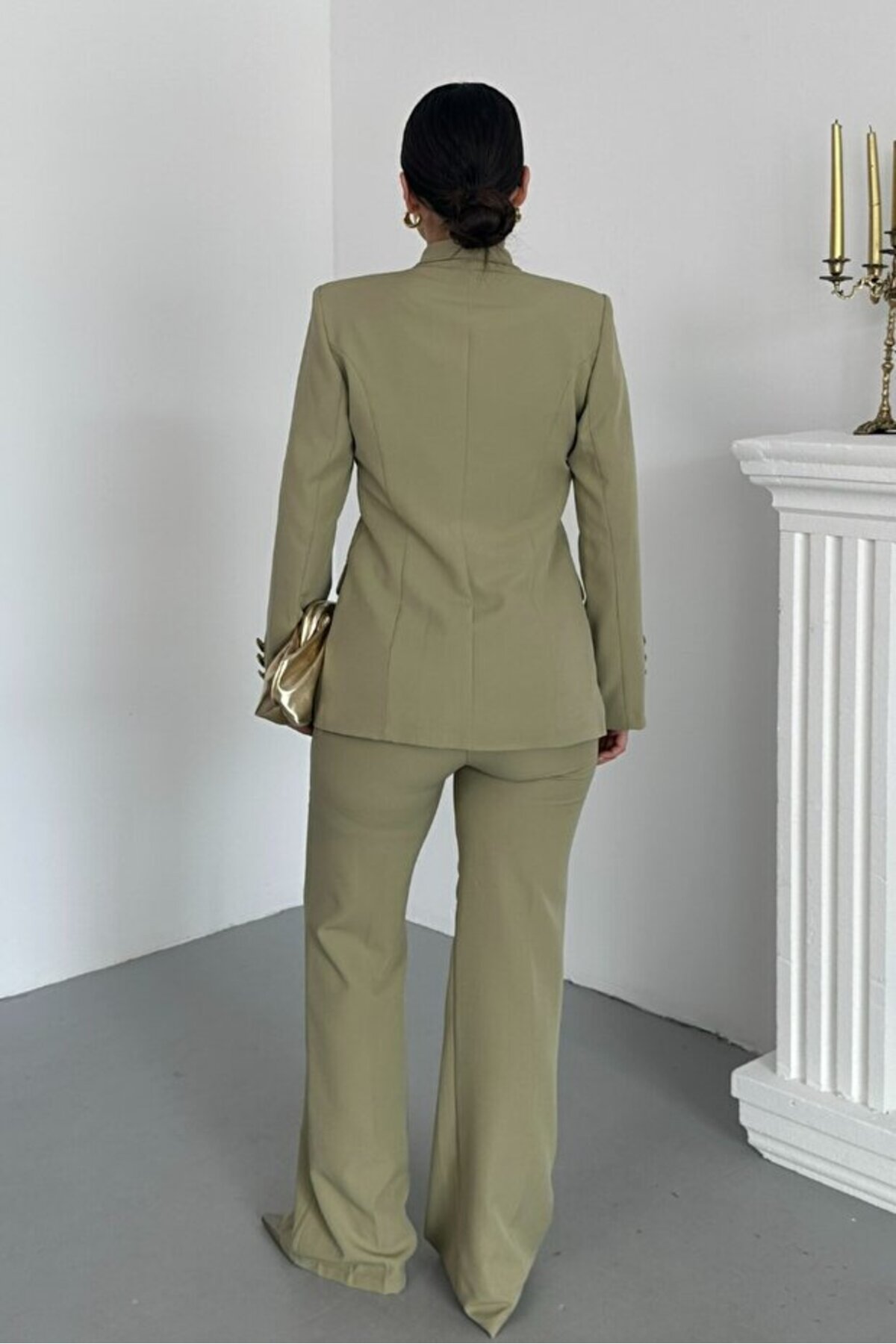 Women's Blazer Suit Set Khaki Buttoned Workwear - Görsel 8