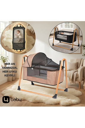 4 Baby İcon Keten Fileli Silinebilir Portatif Sallanır Anne Yanı Beşik