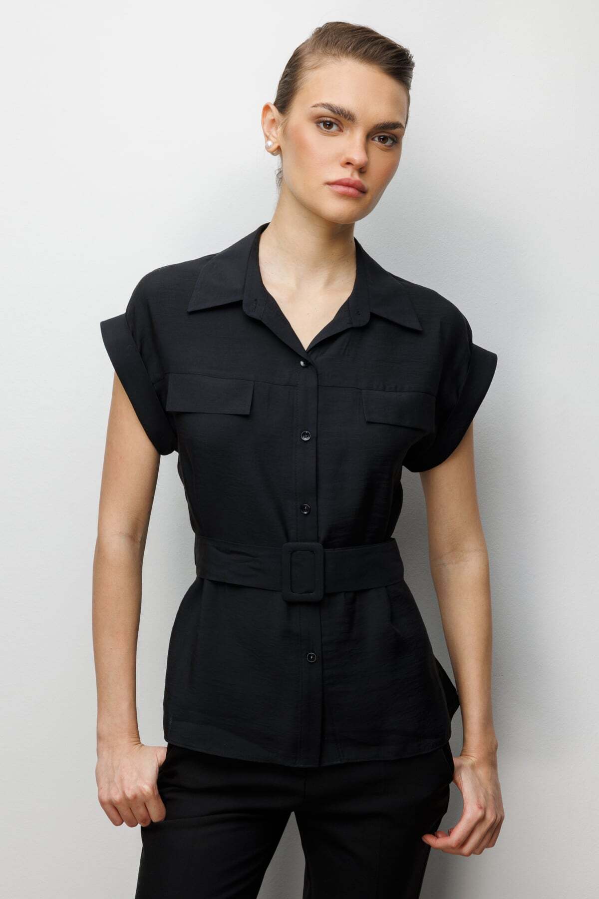 Belted Waist Short Sleeve Blouse