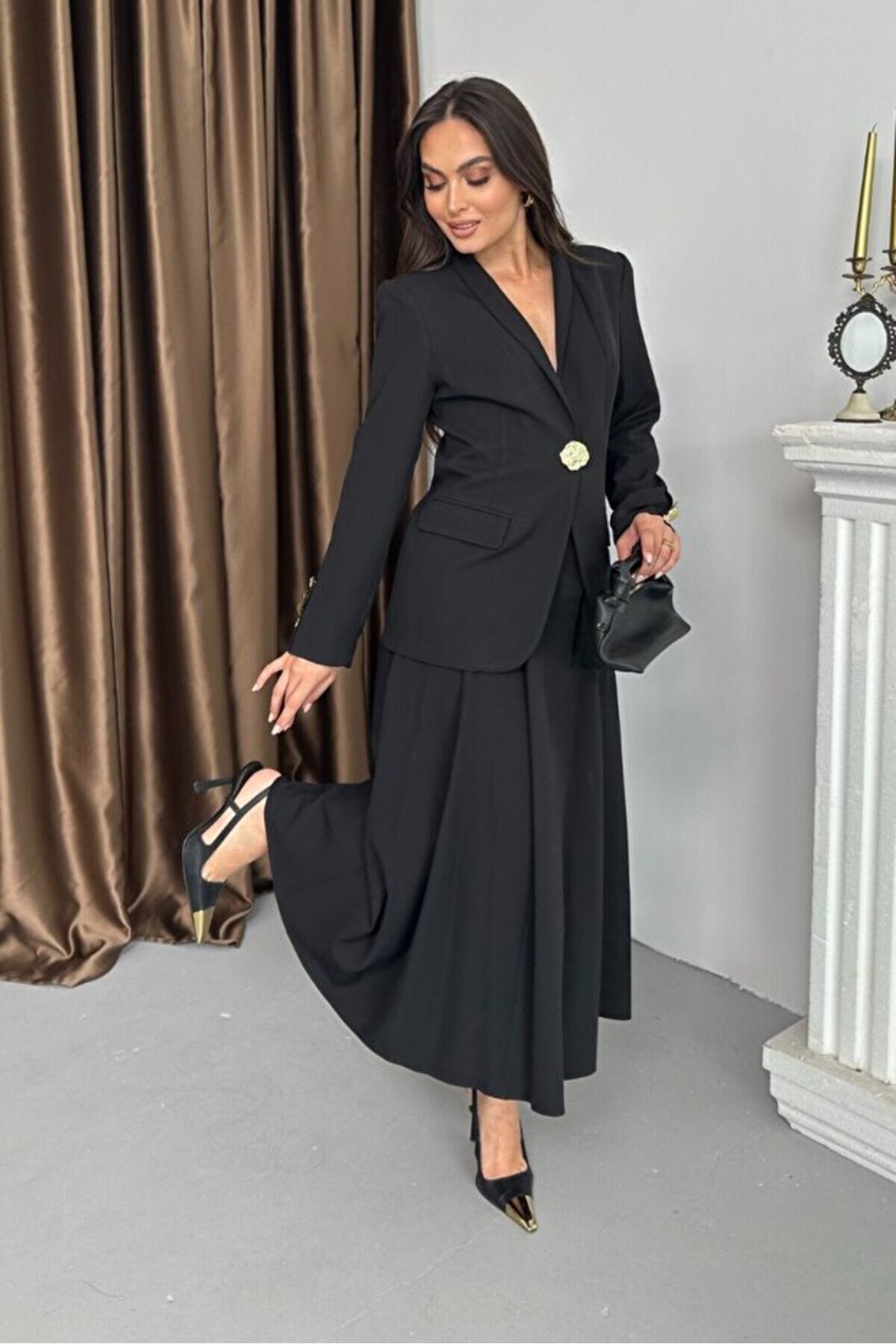 Gold Button Blazer Jacket and Skirt Set - Görsel 6