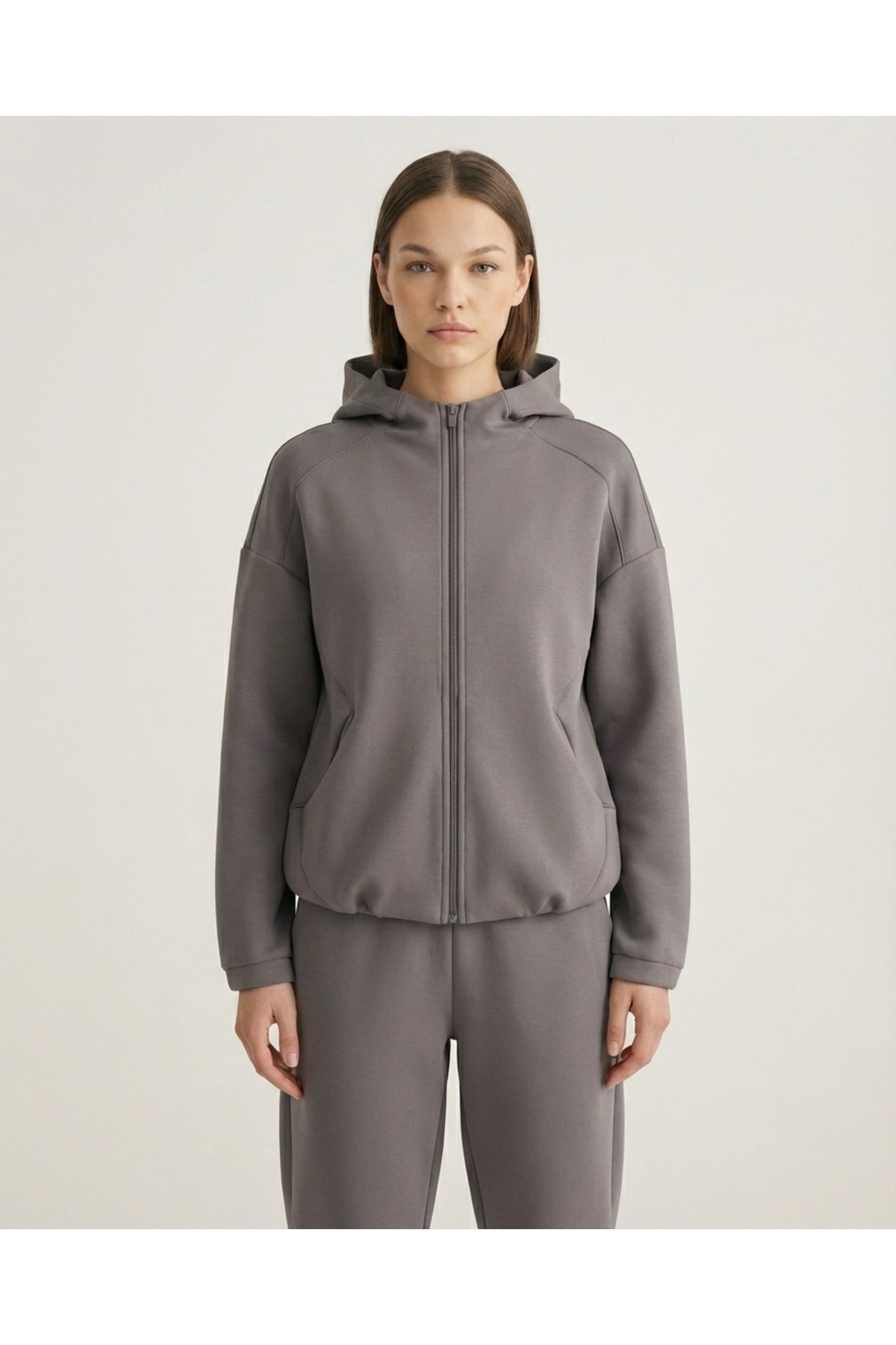 Grenj Fashion Antrasit Yumuşak Dokulu Kumaş Kapüşonlu Örme Spor Ceket görsel 4