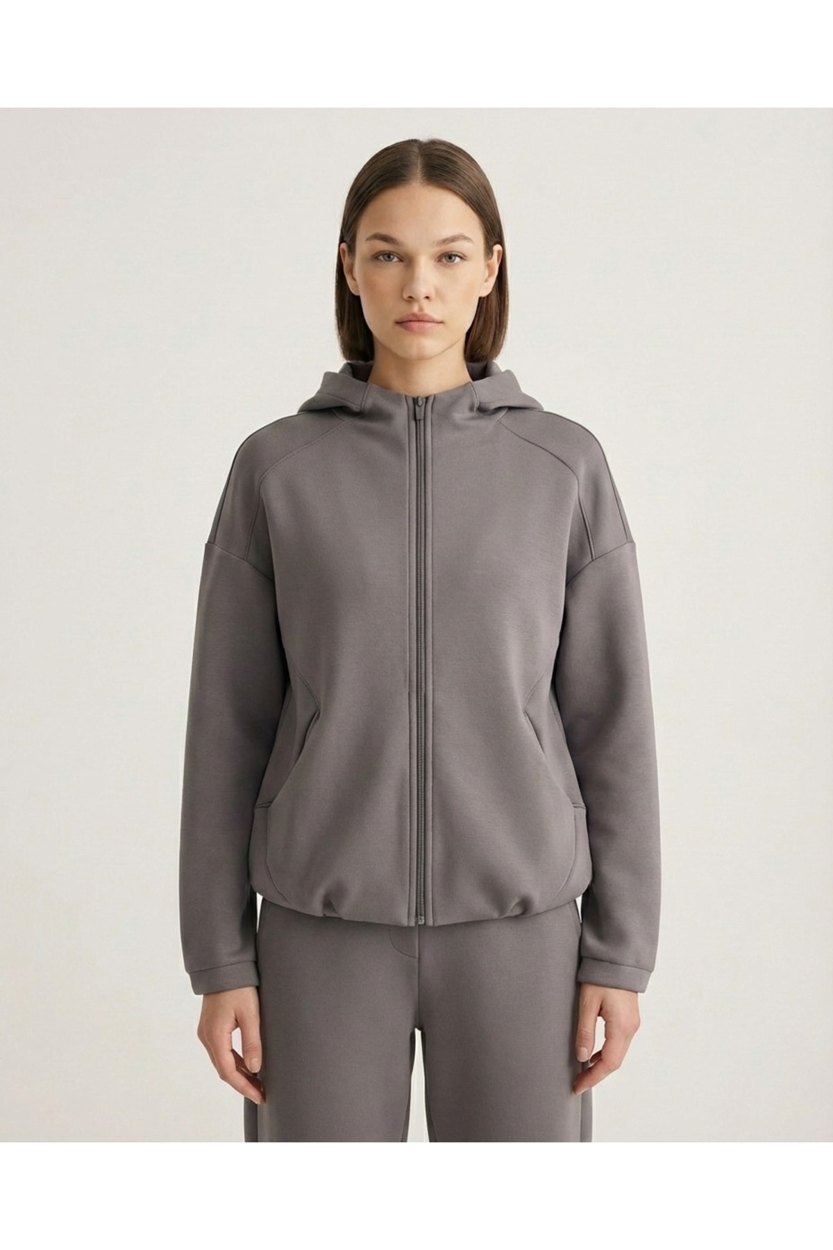 Grenj Fashion Antrasit Yumuşak Dokulu Kumaş Kapüşonlu Örme Spor Ceket