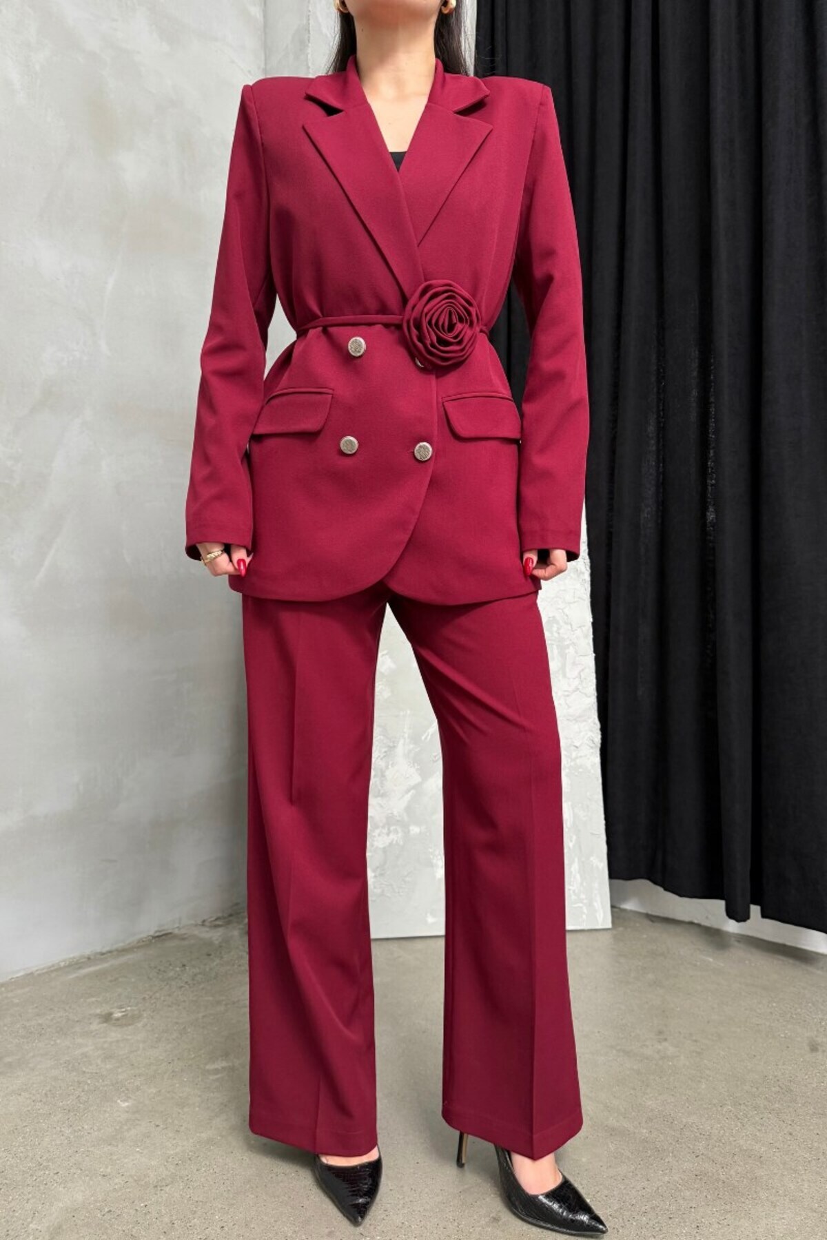 Ensemble veste et pantalon femme avec accessoire rose détail - Görsel 5