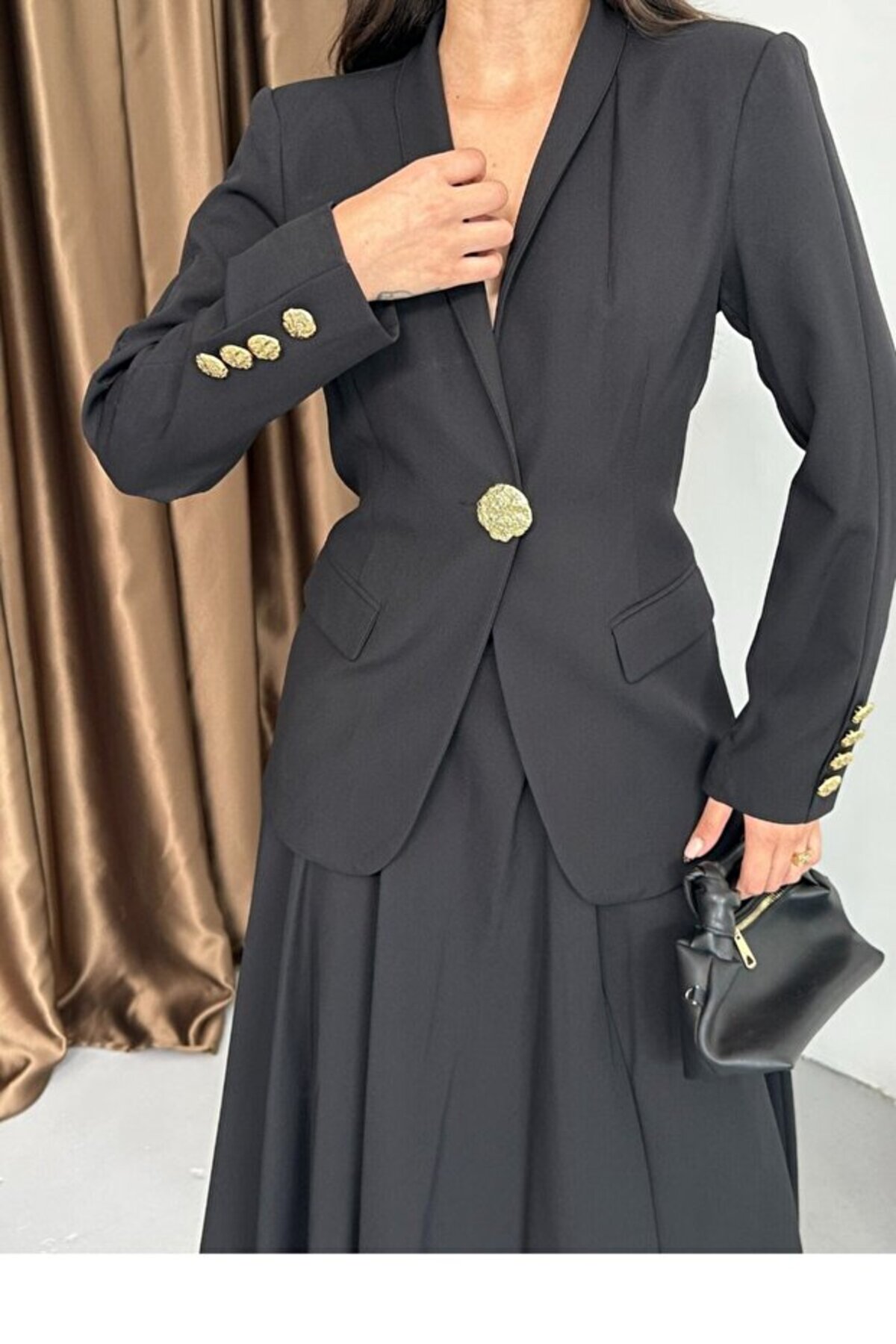 Gold Button Blazer Jacket and Skirt Set - Görsel 8