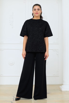 Mash Moda Kadın Siyah Simli Oversize Tişört – Tok Dokulu, Modern ve Şık