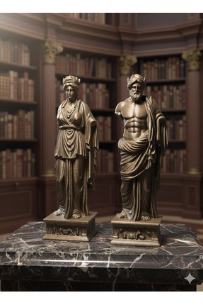 Pilovestik 2'li Antik Yunan Heykel Seti - 20 cm Dekoratif Büst Biblo - Bronz