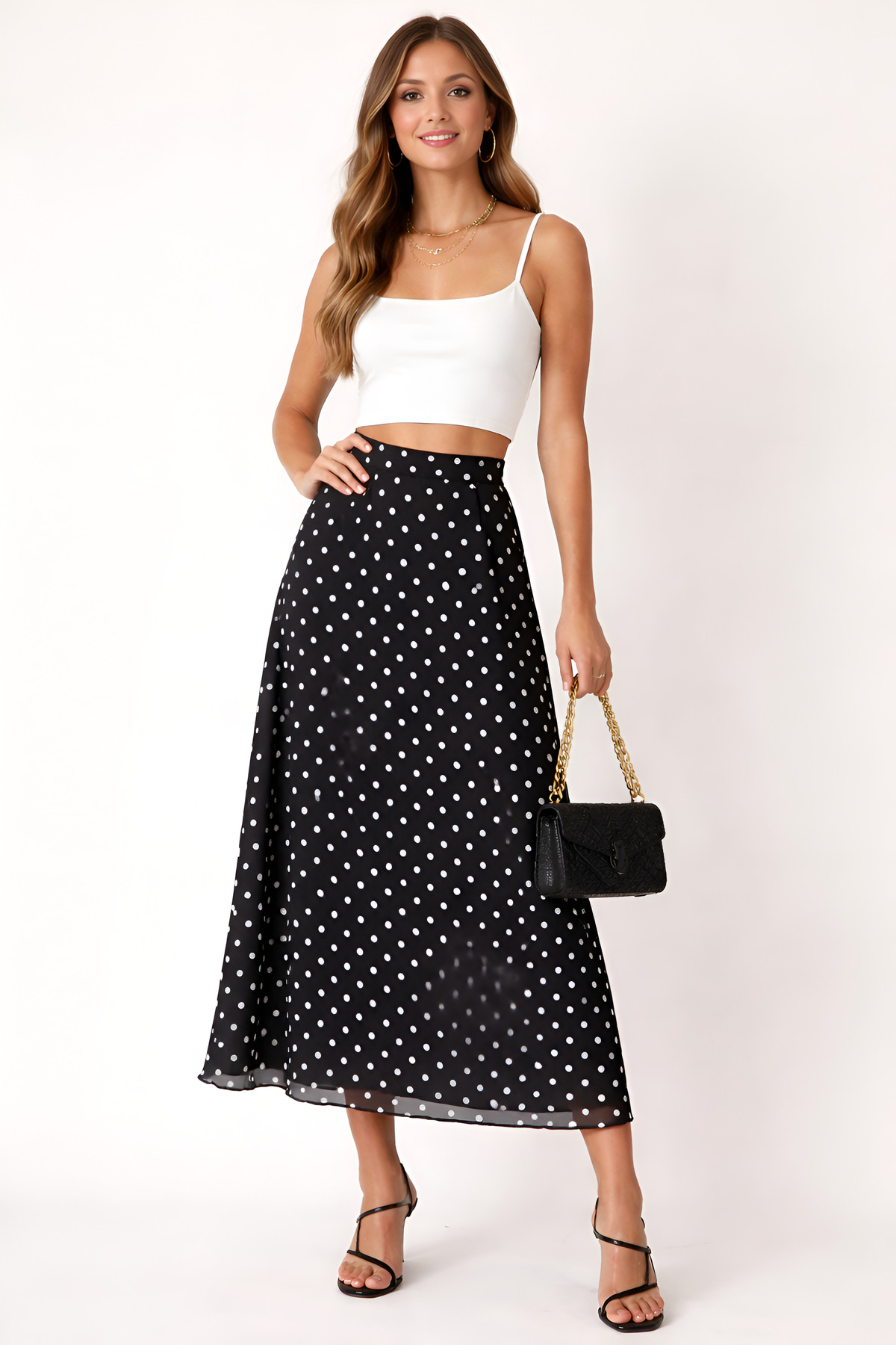 BLOUSE  Siyah Beyaz Puantiyeli Midi Etek