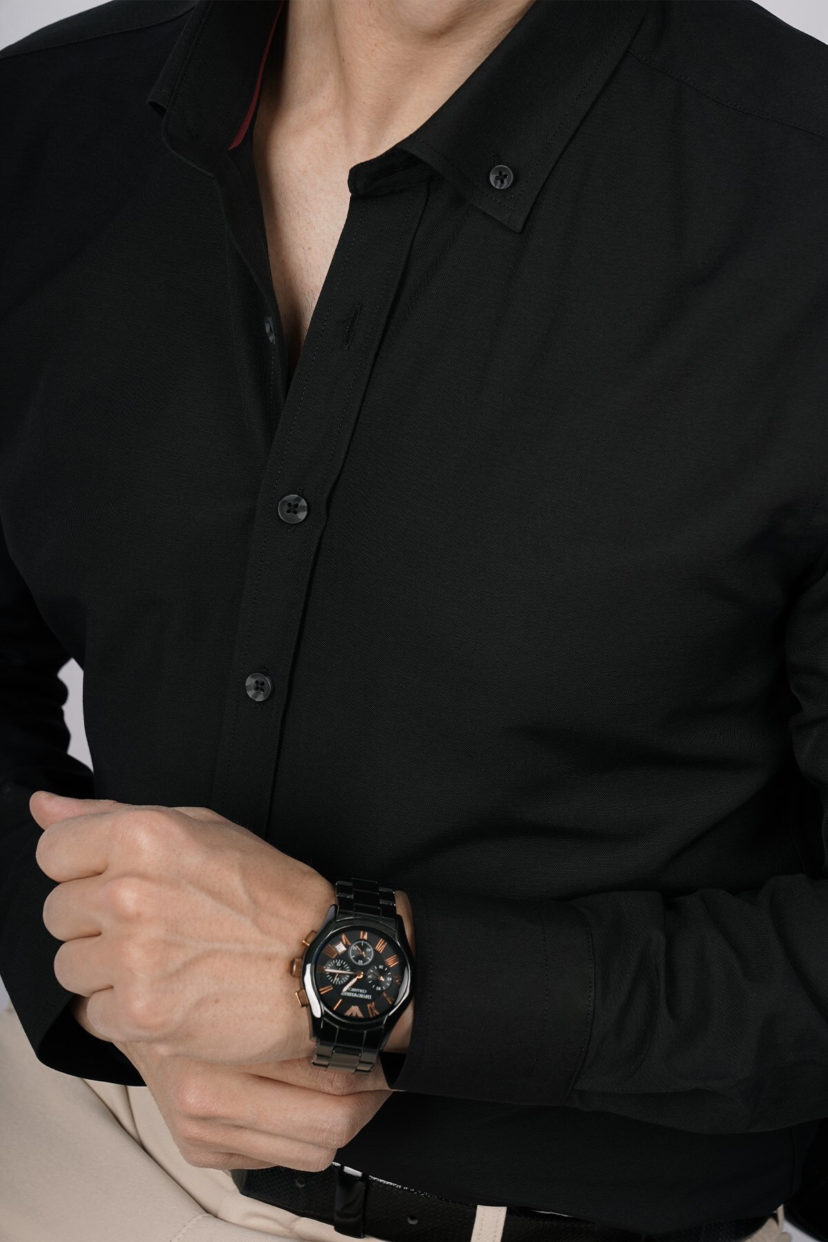 Etikmen  Siyah Yaka Düğmeli Premium Şamre Slimfit Erkek Gömlek