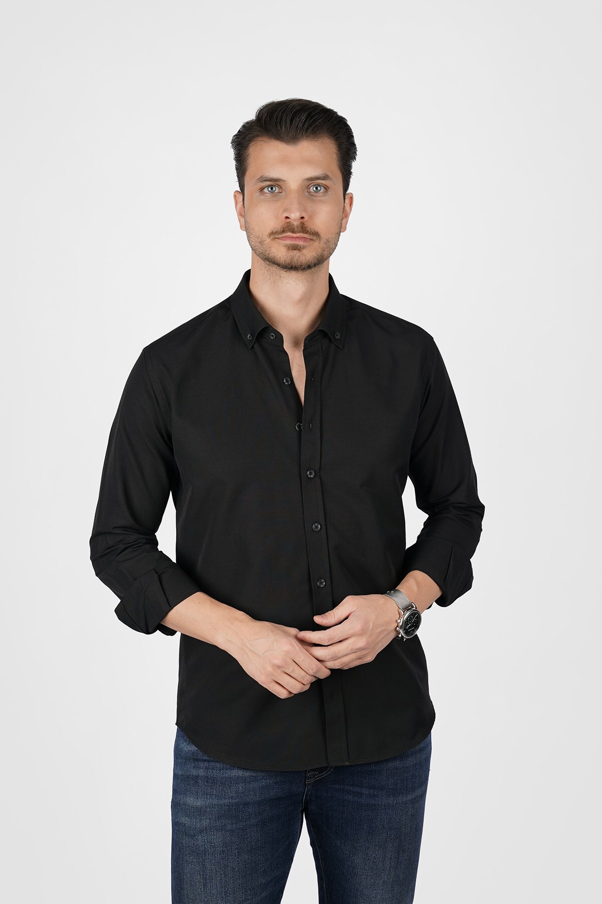 Etikmen  Siyah Yaka Düğmeli Premium Şamre Slimfit Erkek Gömlek - Görsel 6