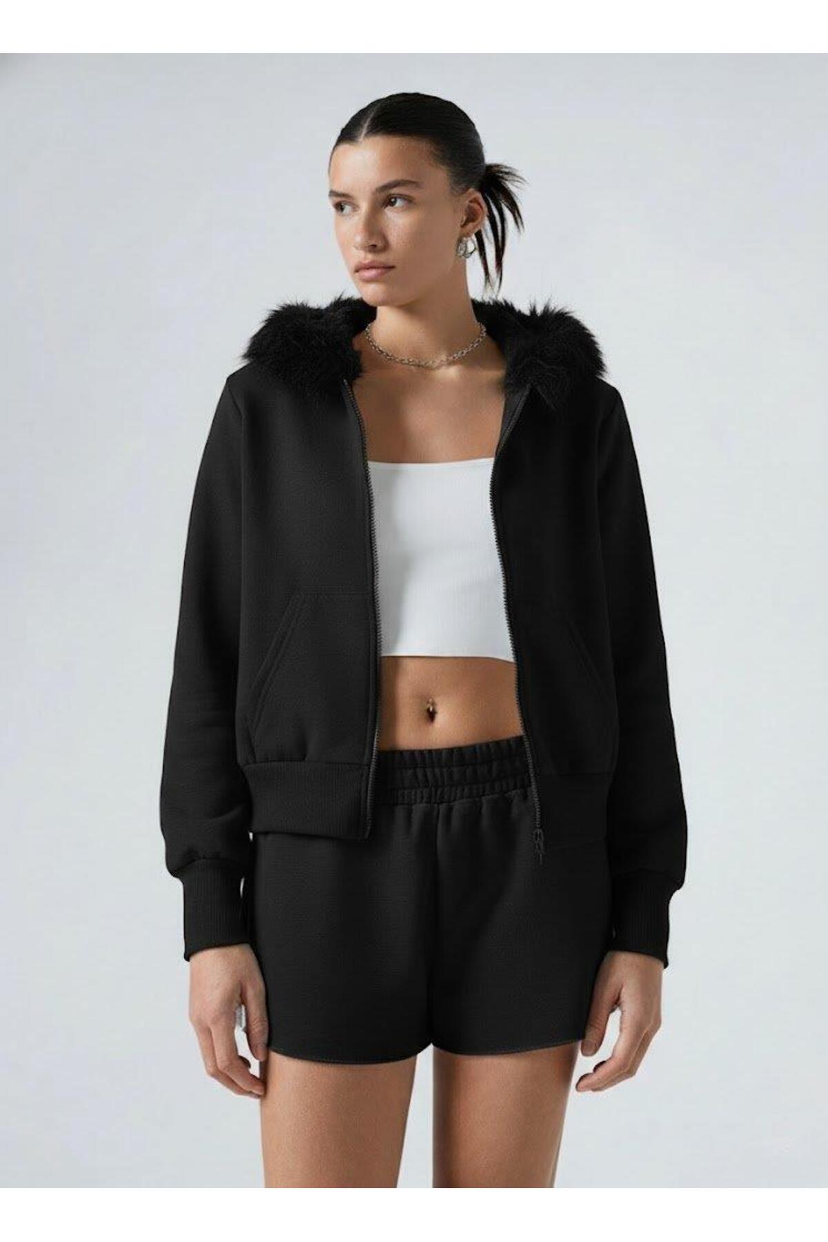 Afri  Kadın Siyah Fermuarlı Kapüşonlu Sweatshirt – Kürkü Siyah Kapüşonlu, Cepli, Rahat Kalıp - Görsel 2