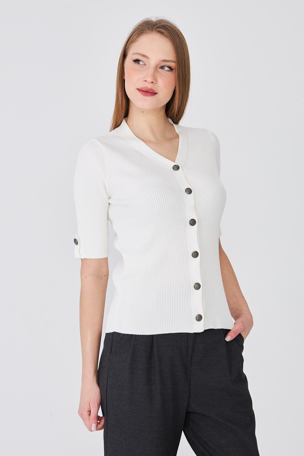Women's Epaulette Buttoned Short Sleeve Ribbed Knitwear Cardigan 121417 Ecru