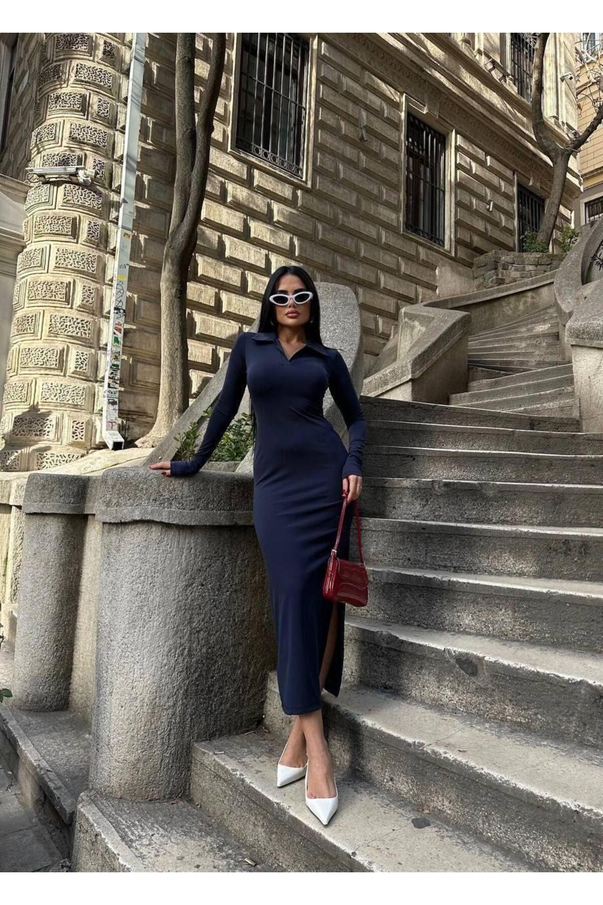 Women's Navy Blue Polo Neck Side Slit Stretch Long Sleeve Dress