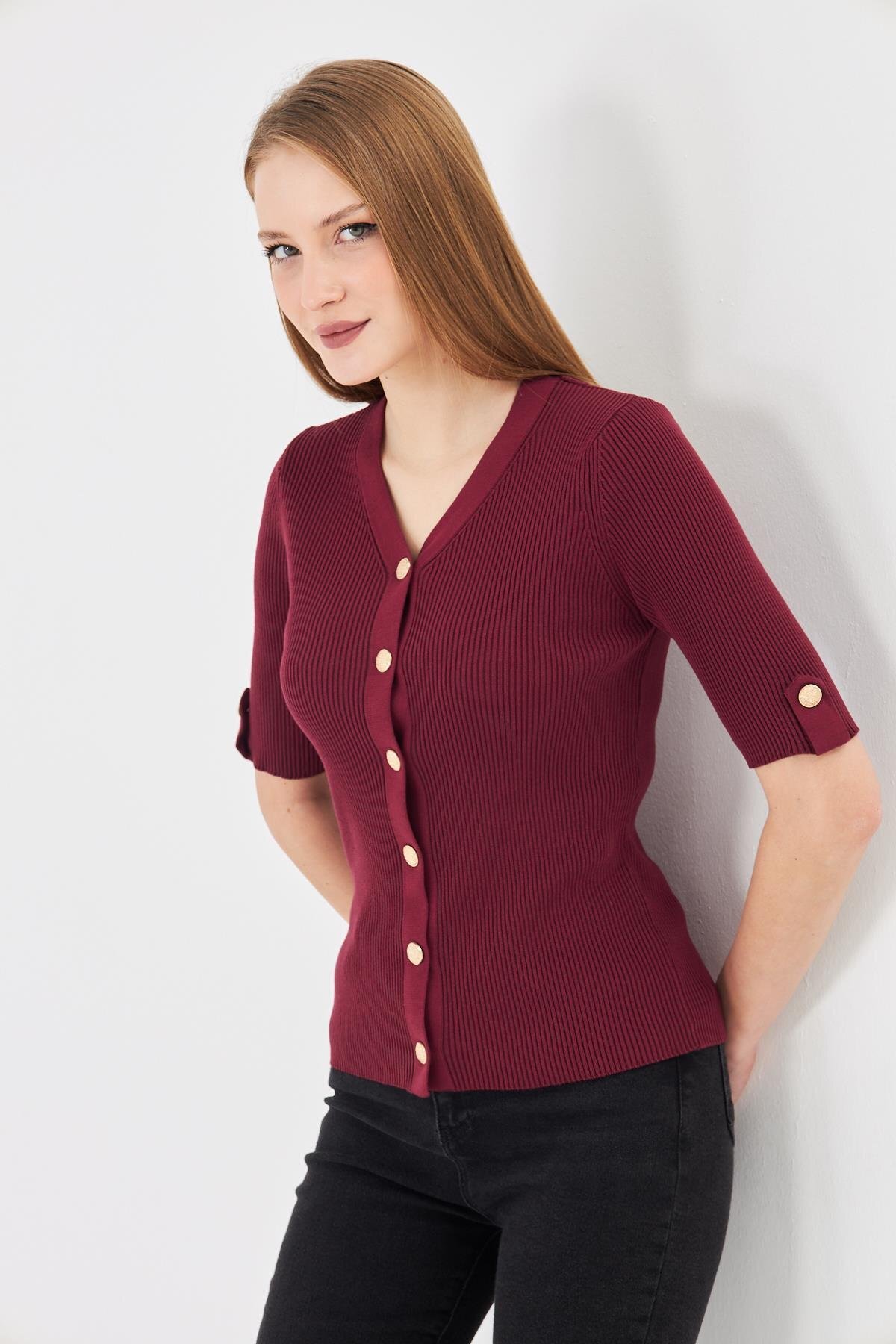 Women's Epaulette Buttoned Short Sleeve Ribbed Knitwear Cardigan 121417 Burgundy