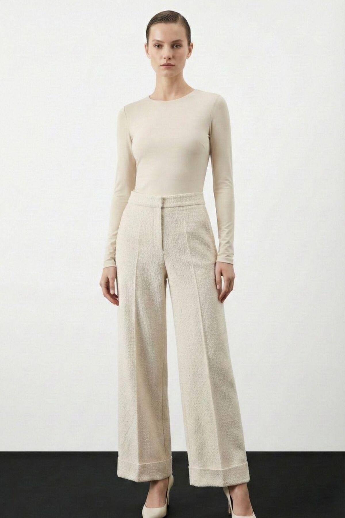 Wide Double Leg Glitter Ecru Tweed Trousers