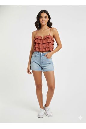 marvion Kadın Fırfır Taklı V Dikiş Dekolteli Arkası Gipeli Crop Bluz