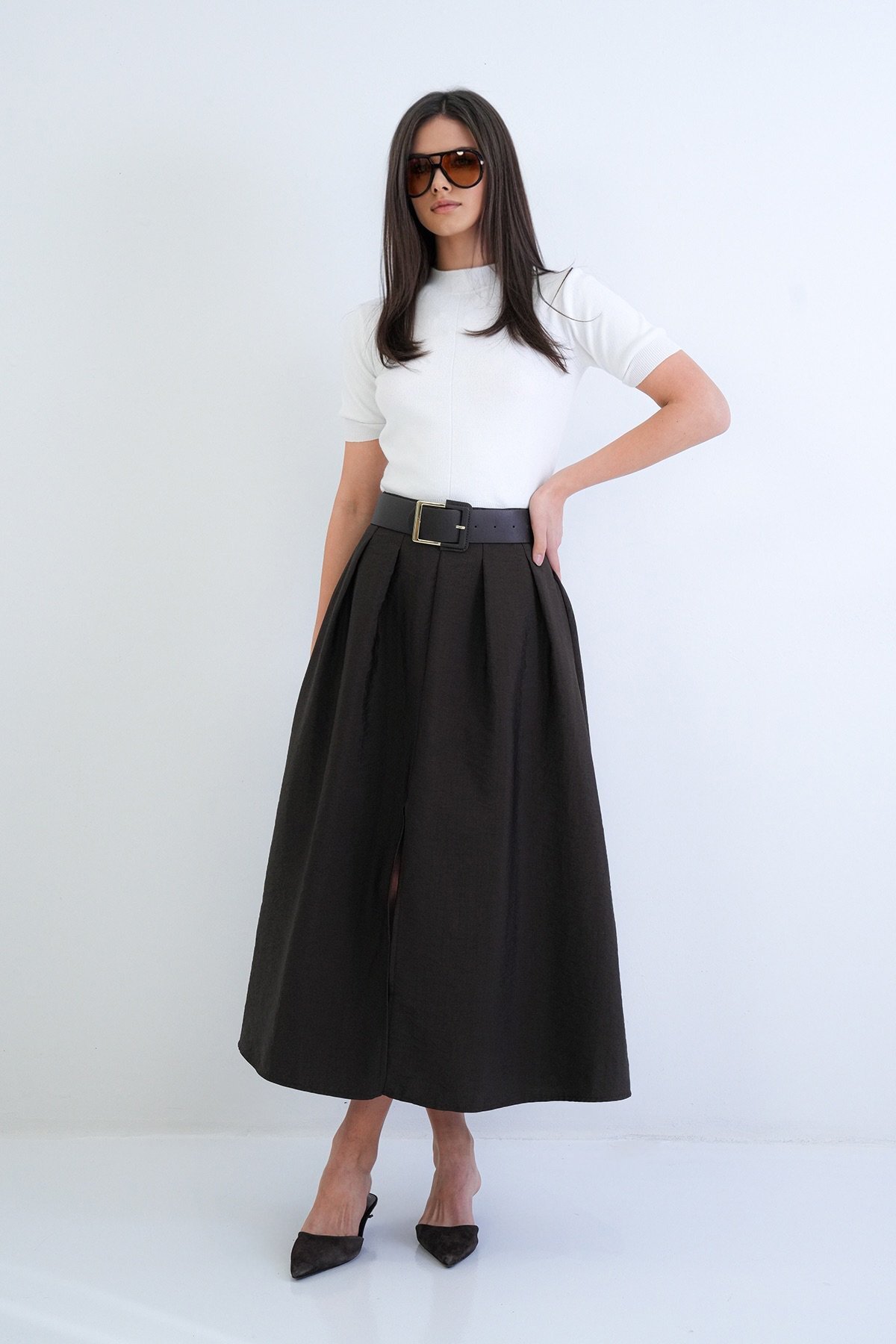 Bitter Brown Thick Belted Zippered Slit Detailed Pleated Midi Size Taffeta Skirt ALC-X15258