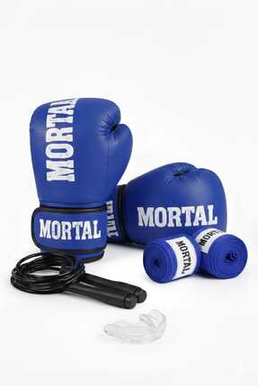 MORTAL SPORT Boks Eldiveni Mavi + Boks Bandajı + Dişlik + Atlama Ipi - 4'lü Set
