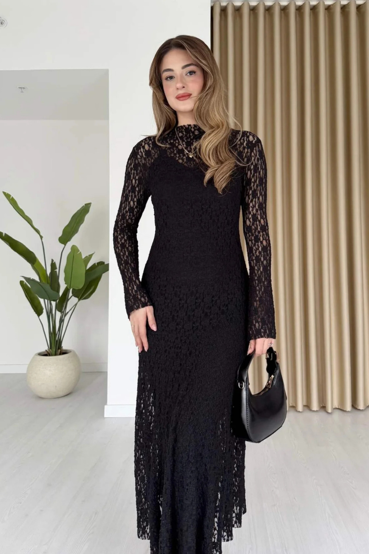 Sorridi  Dik Yaka Astarlı Dantel Elbise - Görsel 3