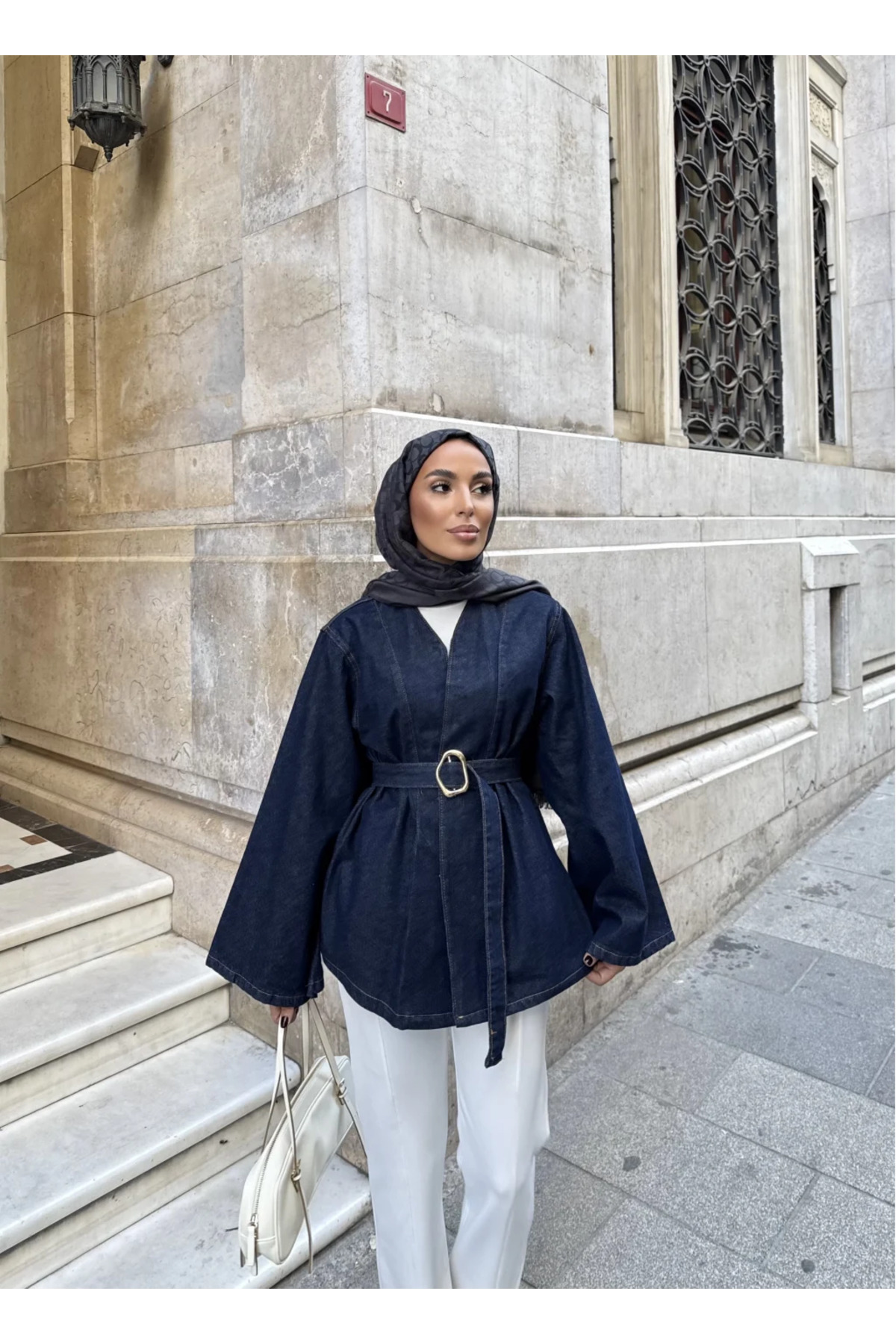 mega lucky  Kadın Lacivert Denim Ceket Kemerli Modern Tasarım - Görsel 6