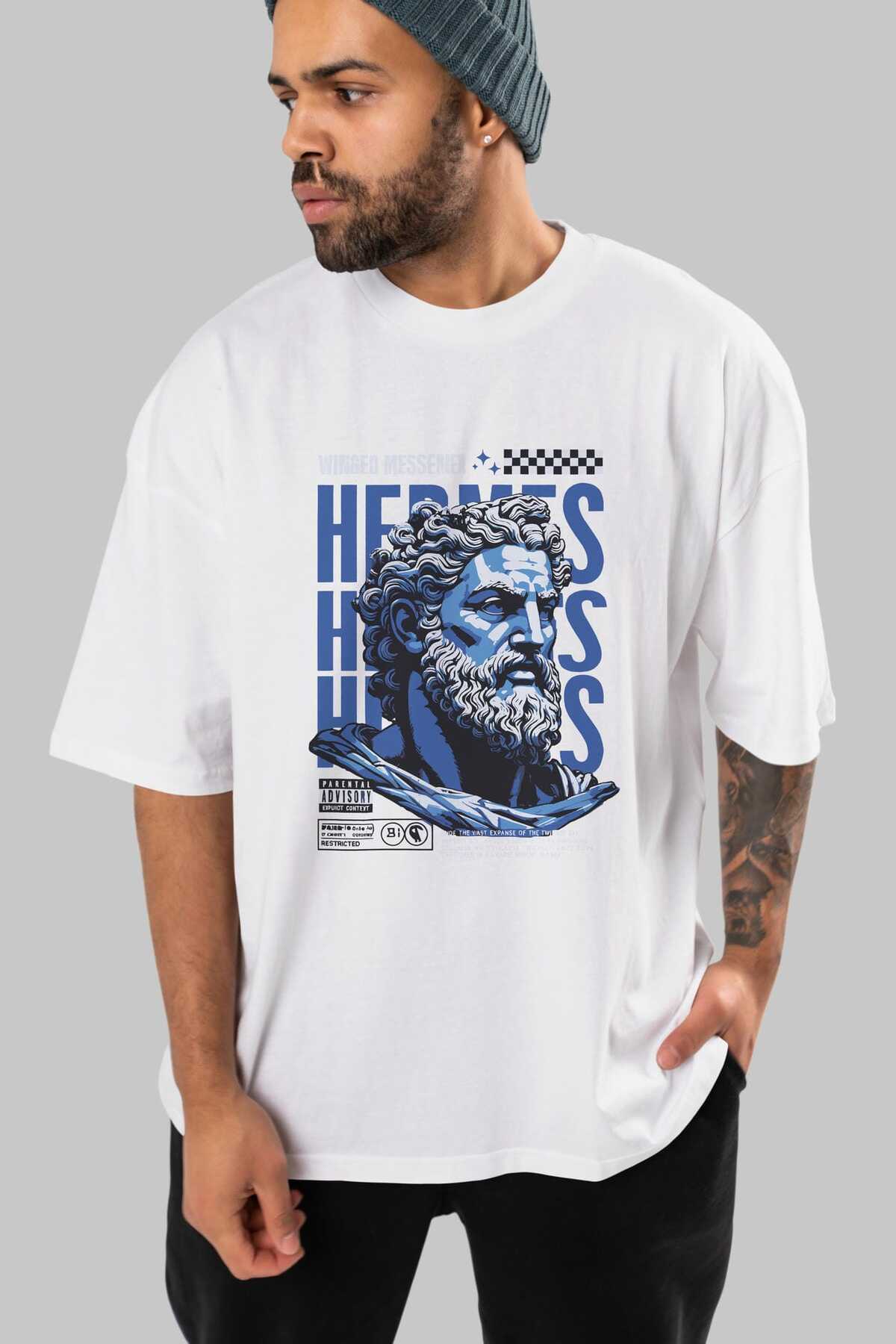 ⭐*✨様 HERMES Tシャツ ホワイト ブルー Mサイズ Ankhises Hermes 1 ön Baskılı Beyaz Oversize t-shirt Erkek Kadın