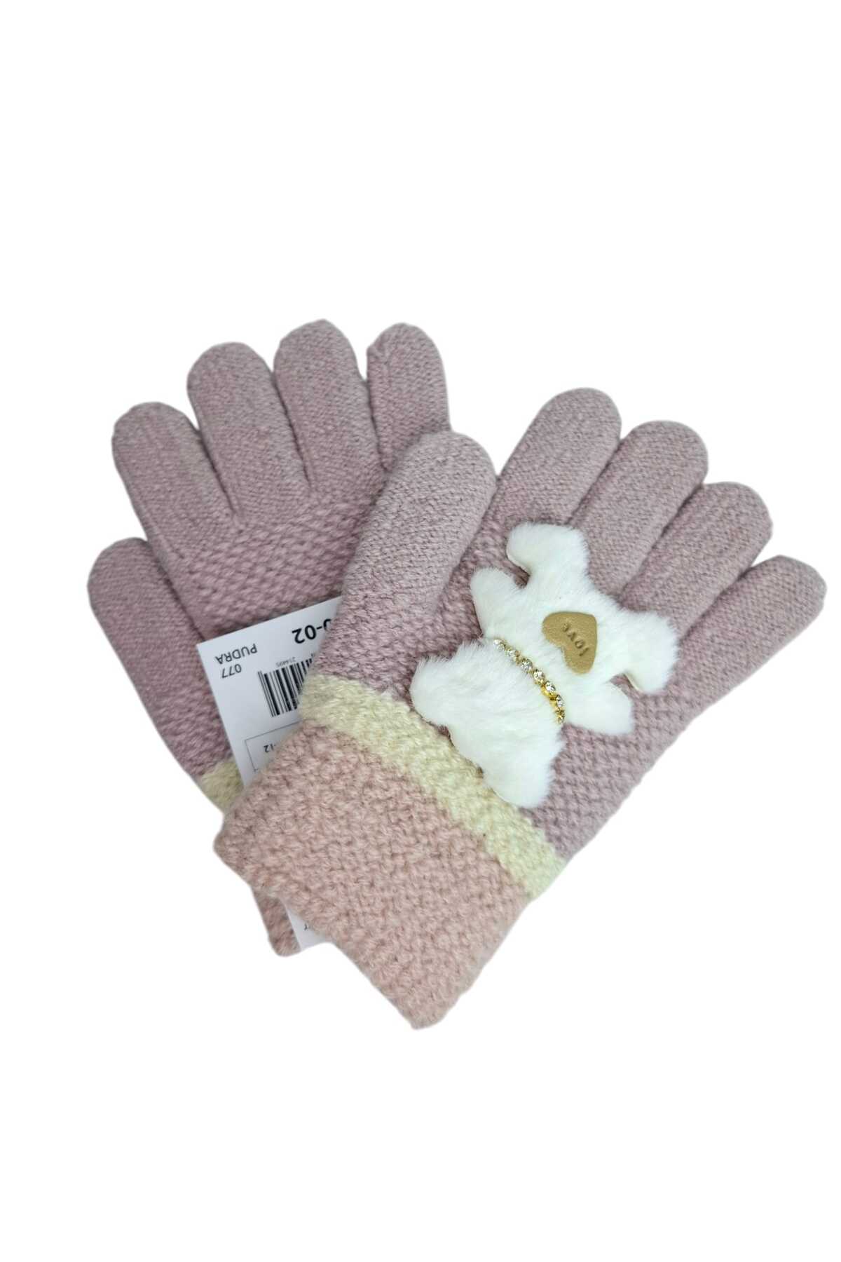 Kitti Spteks 4-8 Yaş Kız Çocuk Pudra Renk Sevimli Ayıcık Figürlü Kışlık Örme Eldiven fotoğrafı 4 (önizleme)