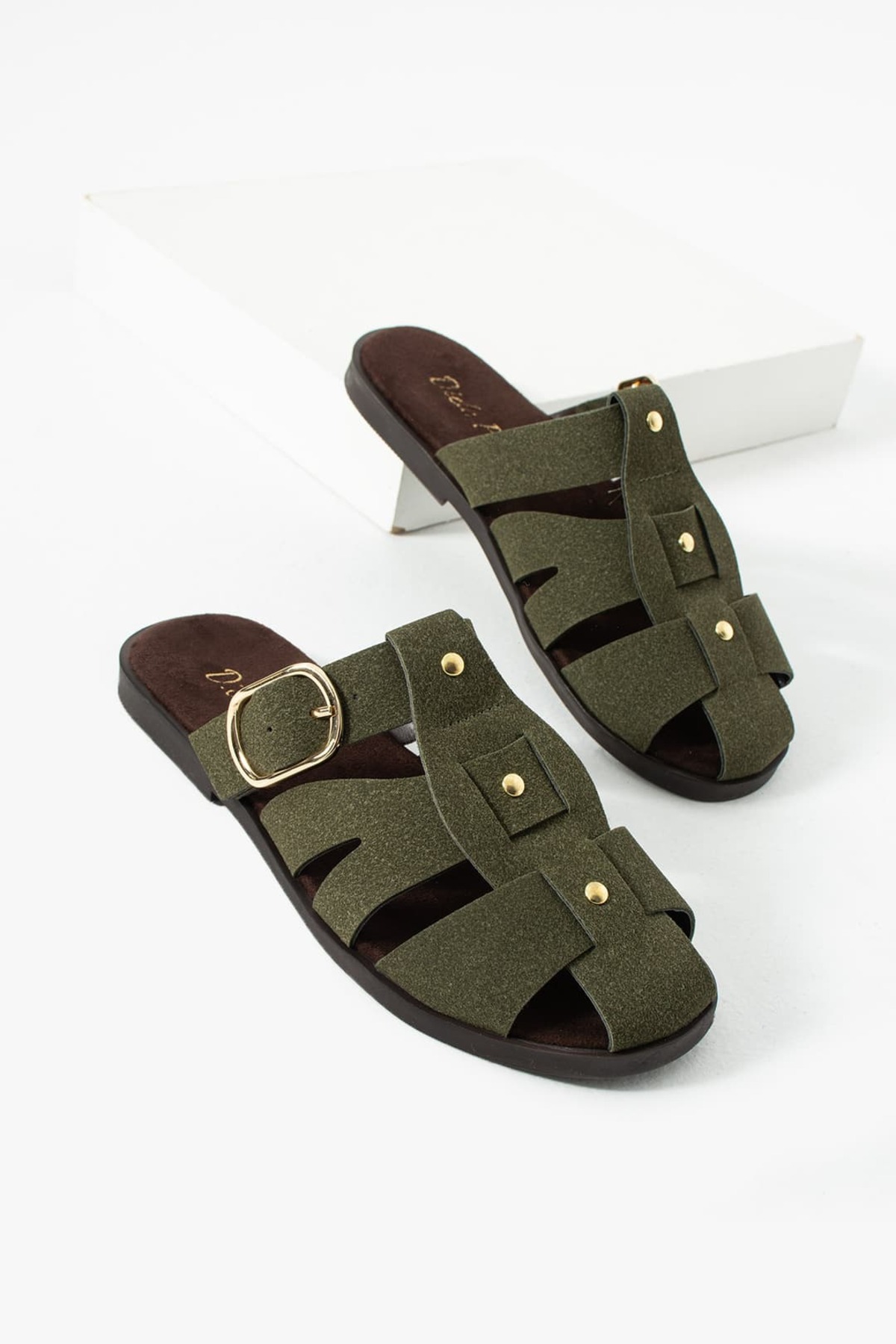 Sarra Khaki Green Suede Women's Flat Sole Slippers with Belt Detail